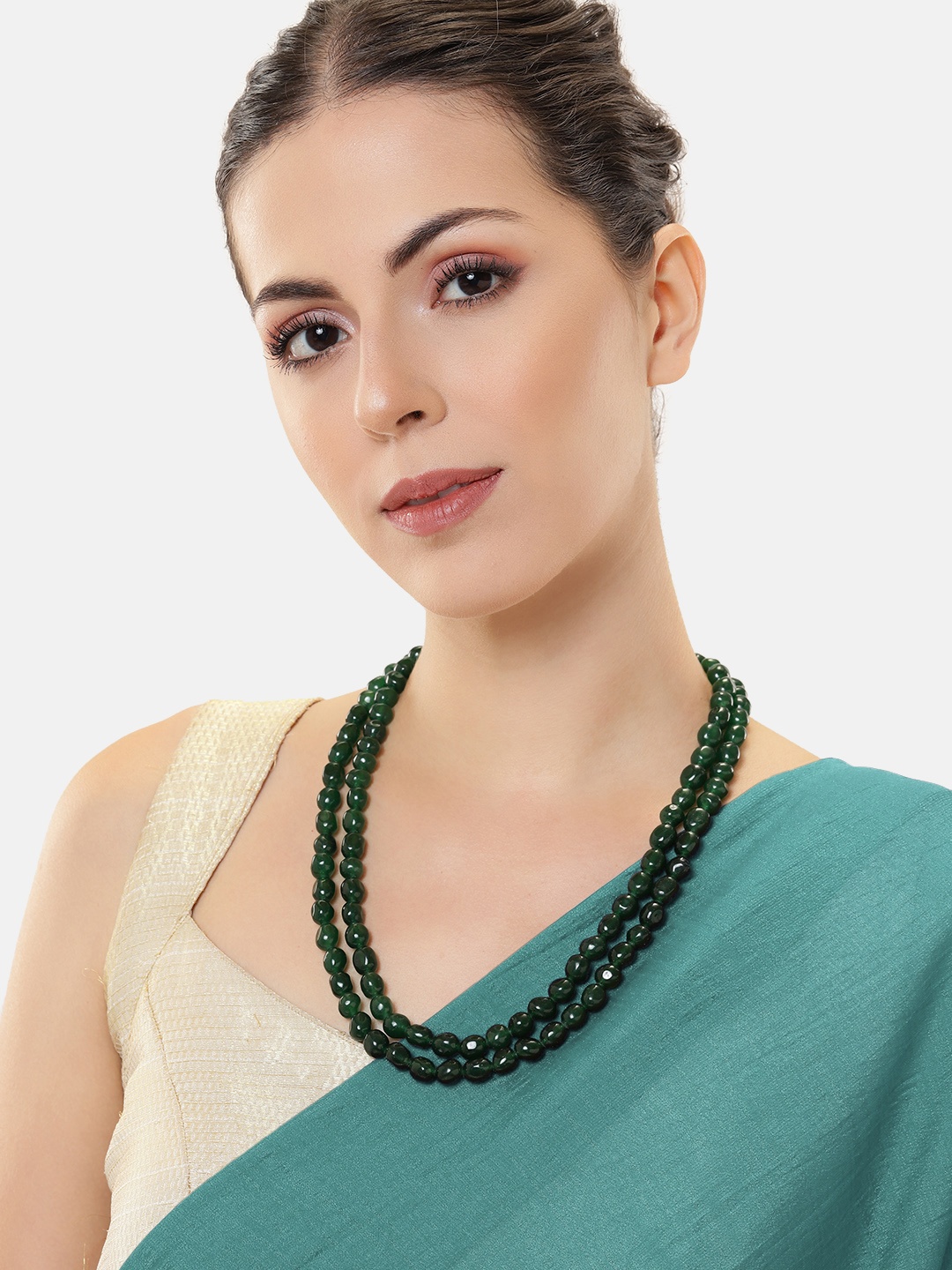 

Estele Rhodium-Plated Beaded Layered Necklace, Green