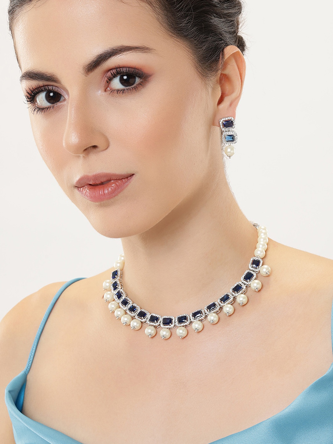

Estele Rhodium-Plated Cubic Zirconia Jewellery Set, Navy blue