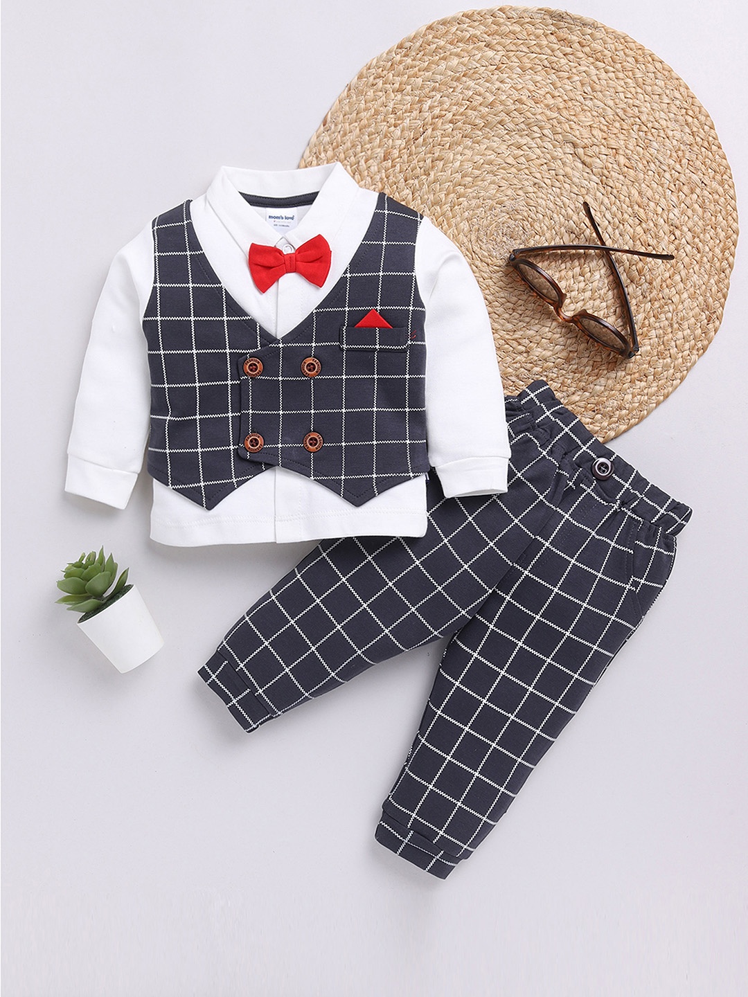 

Moms Love Infant Boys Pure Cotton Checked Shirt with Joggers, White