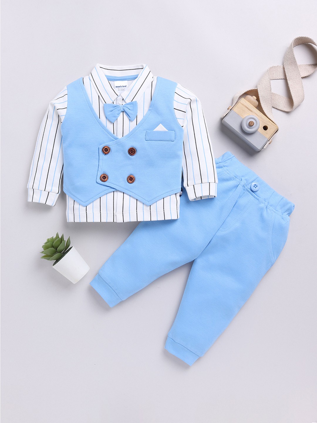 

Moms Love Infant Boys Pure Cotton Striped Shirt with Joggers, White