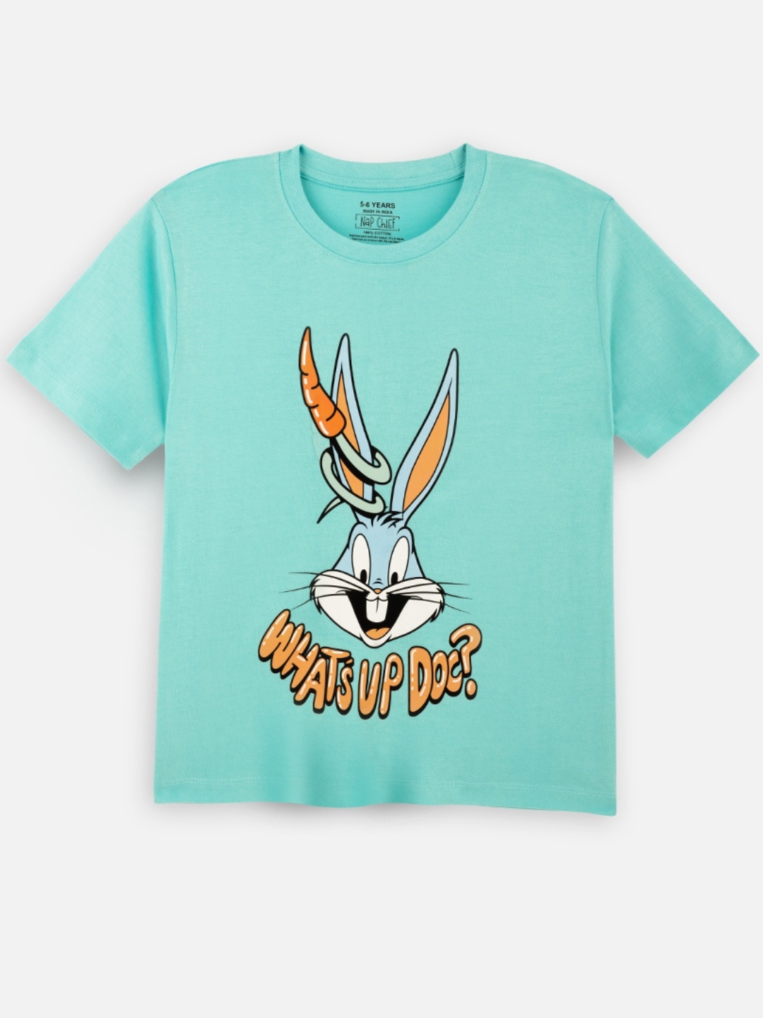 

Nap Chief Kids Unisex Bugs Bunny Graphic Printed Round Neck Pure Cotton T-shirt, Turquoise blue