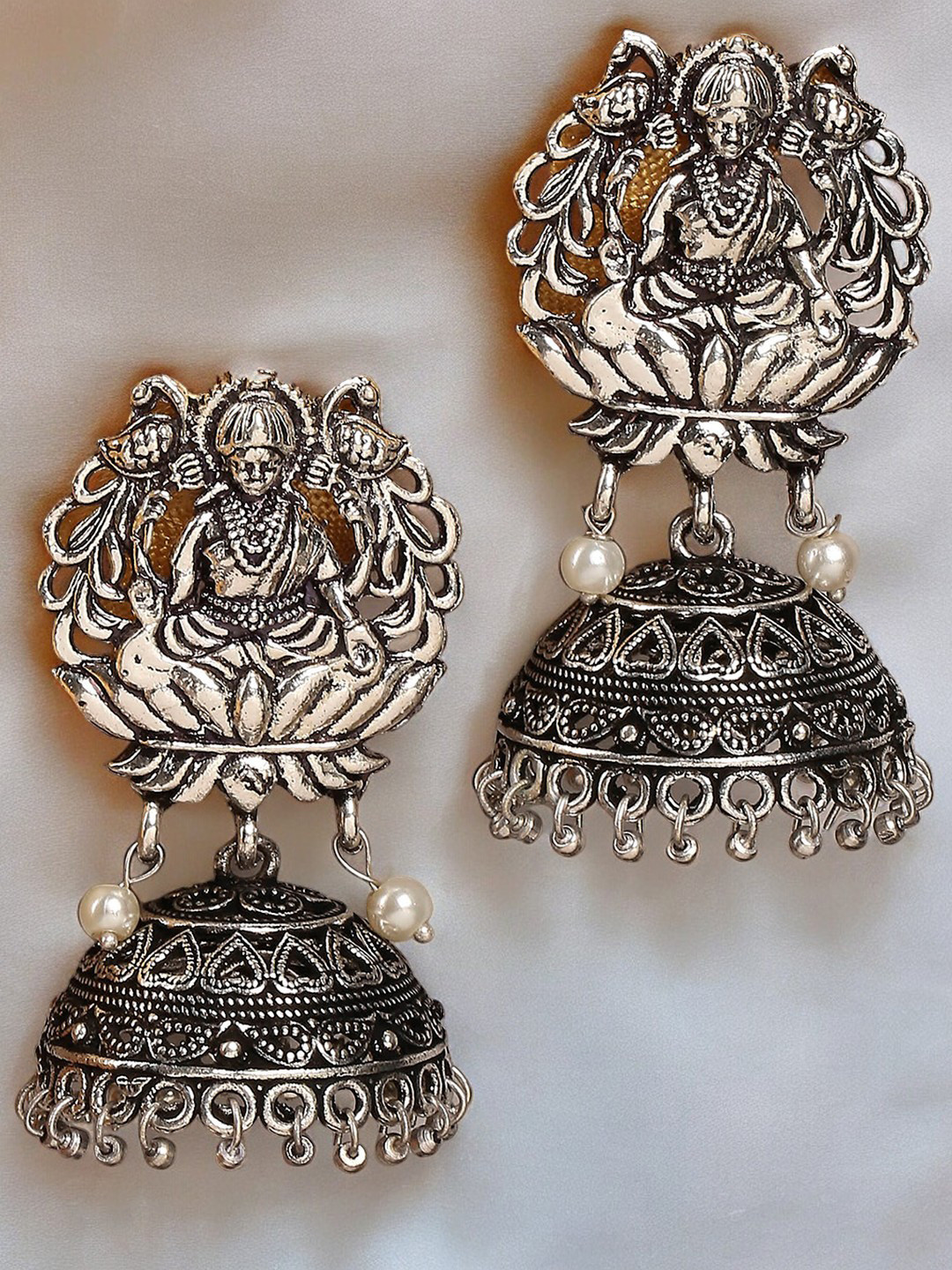 

Sangria Beaded Studded Dome Shape Oxidised Jhumka, Silver