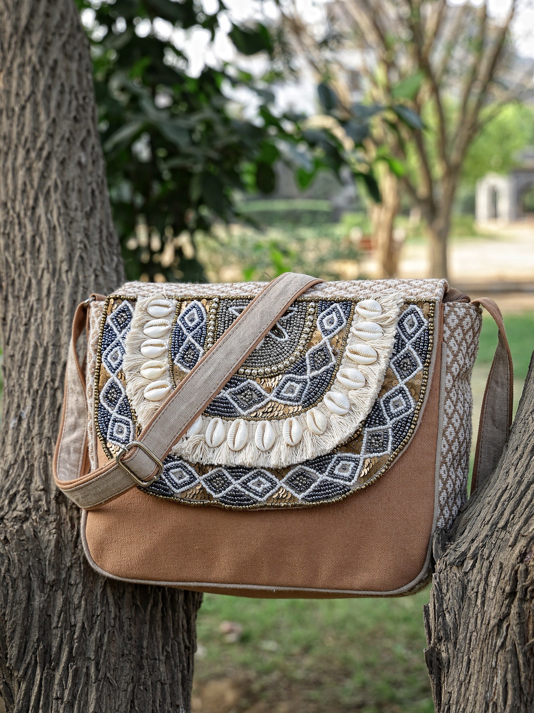 

Anekaant Embellished Structured Cotton Jacquard Sling Bag, Camel brown