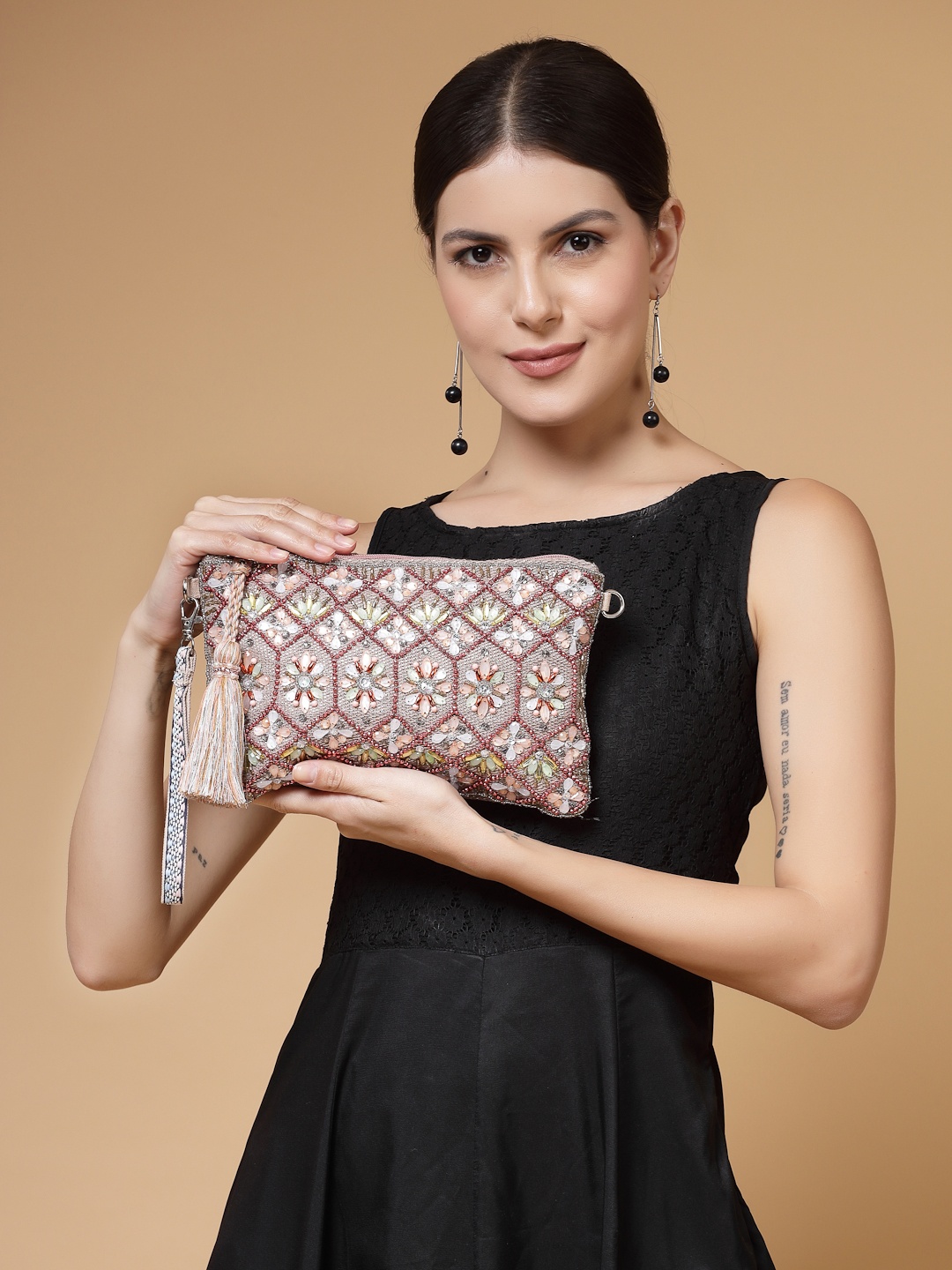 

Anekaant Kooky Geometric Embellished Polycotton Sling Bag, Beige
