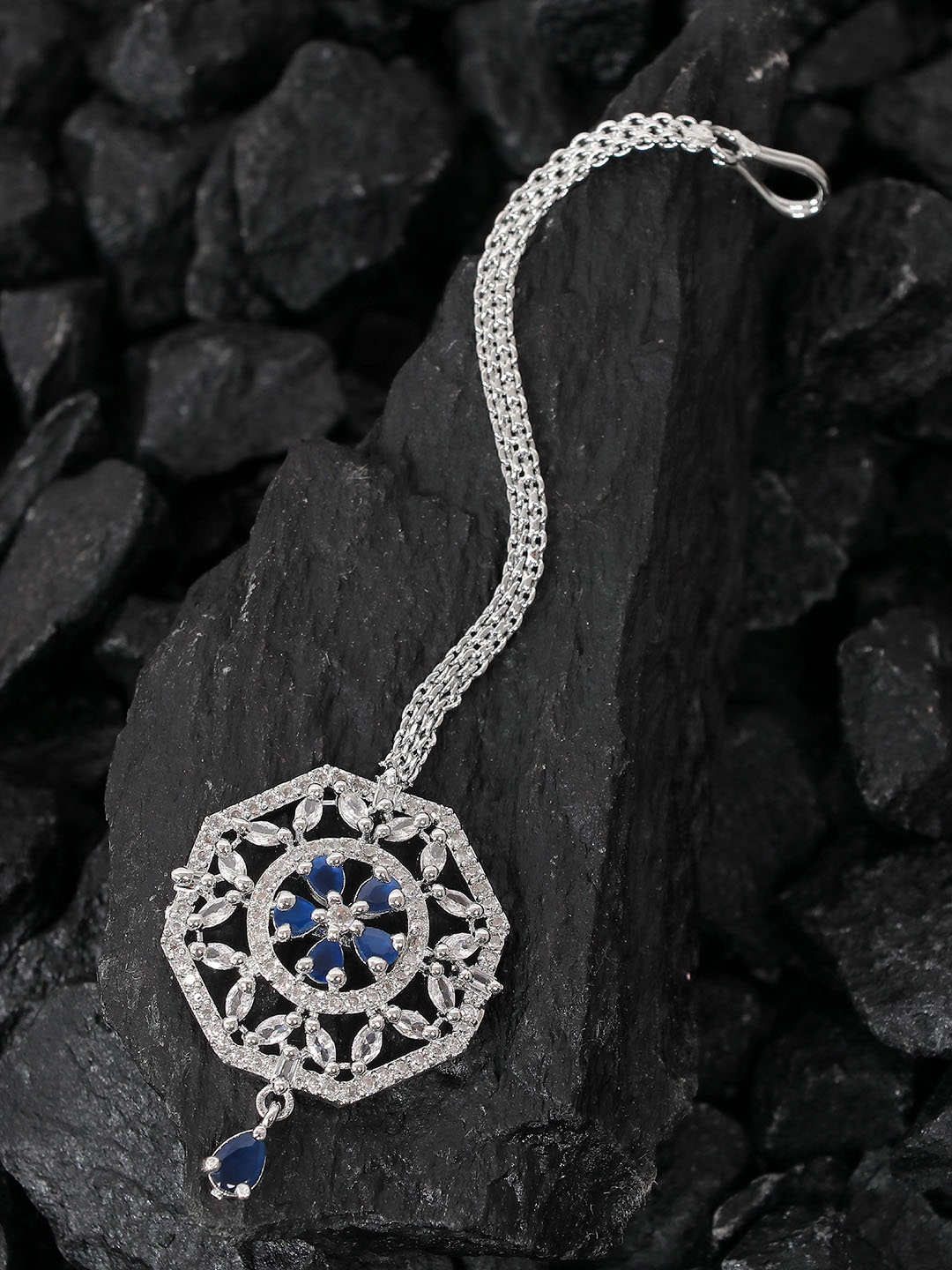 

Zoey Silver-Plated American Diamond Studded Maang Tikka Head Jewellery