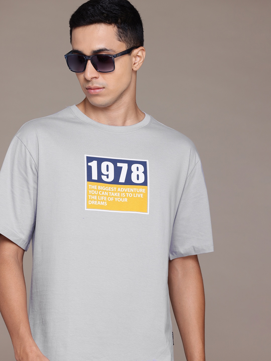 

The Roadster Lifestyle Co. Printed Drop-Shoulder Sleeves Pure Cotton Relaxed T-shirt, Grey