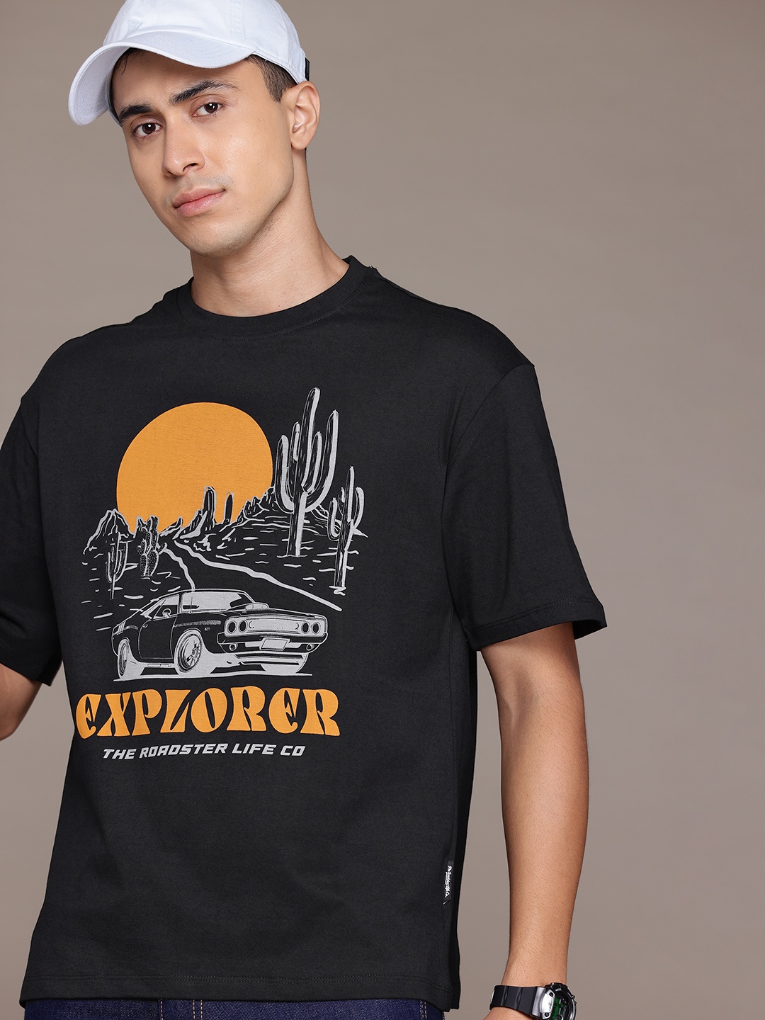 

The Roadster Lifestyle Co. Printed Drop-Shoulder Sleeves Pure Cotton Relaxed T-shirt, Black