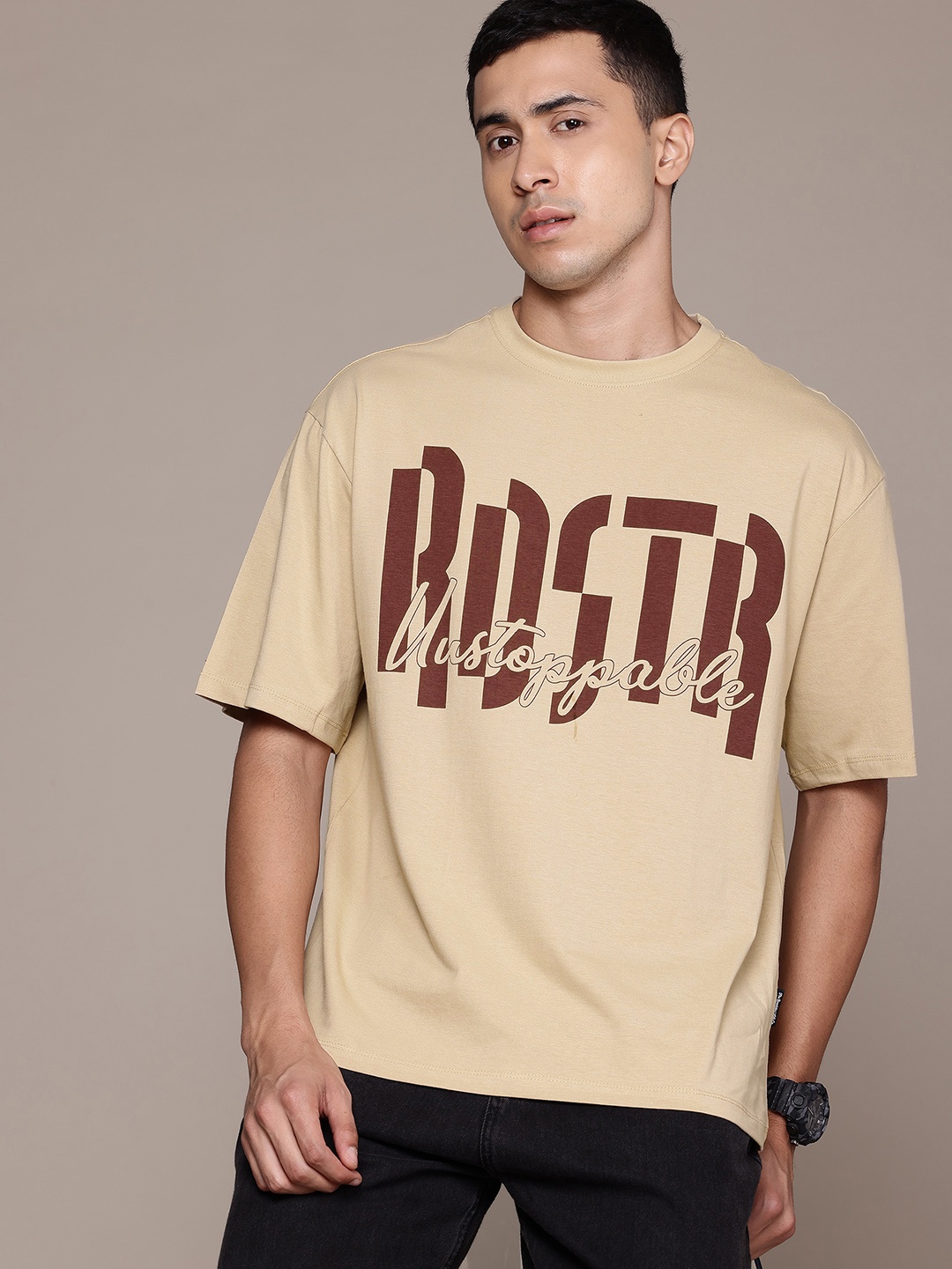 

The Roadster Lifestyle Co. Printed Drop-Shoulder Sleeves Pure Cotton Relaxed T-shirt, Beige