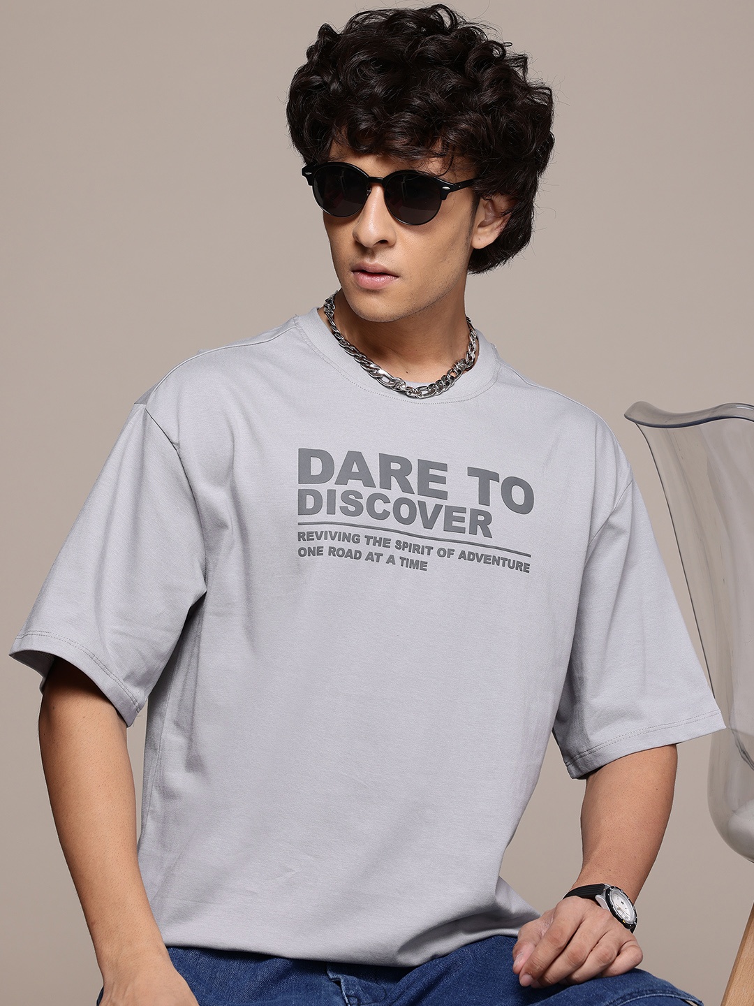 

The Roadster Lifestyle Co. Pure Cotton Typography Print Drop-Shoulder Sleeves T-shirt, Lavender