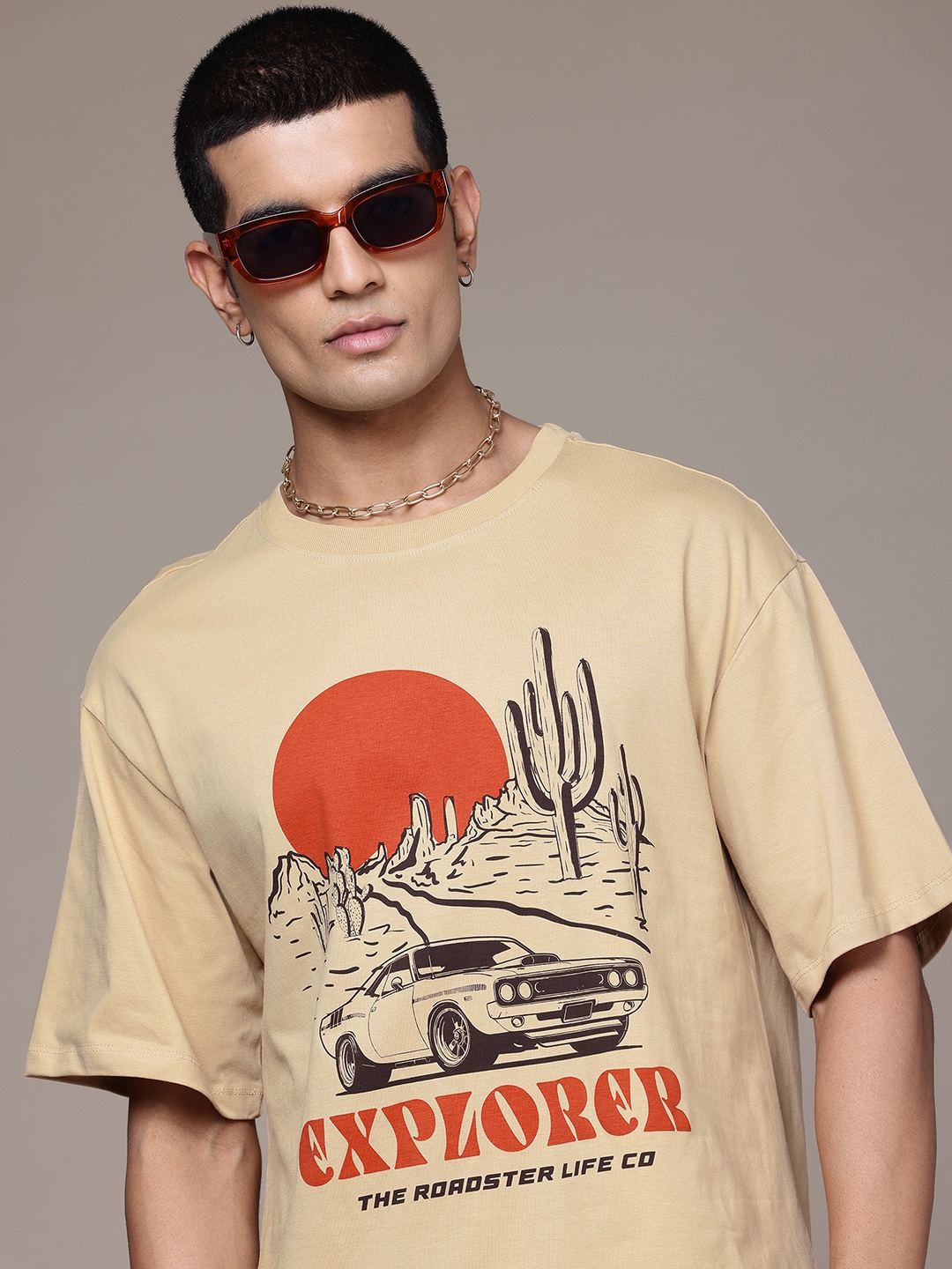

The Roadster Lifestyle Co. Printed Relaxed Fit Pure Cotton T-shirt, Beige