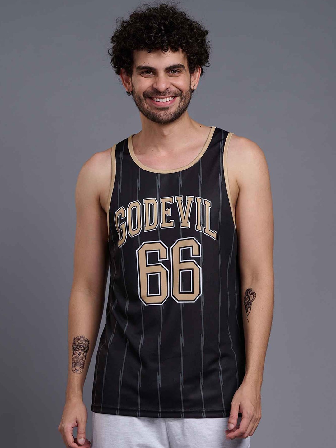 

GO DEVIL Men Printed Round Neck Sleeveless Cotton Innerwear Gym Vest, Black