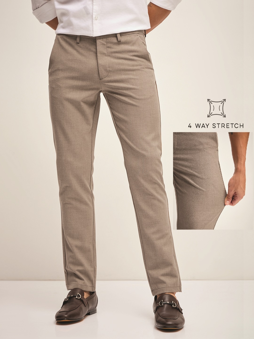 

THE BEAR HOUSE Men Solid 4 Way Stretch Formal Trouser, Beige