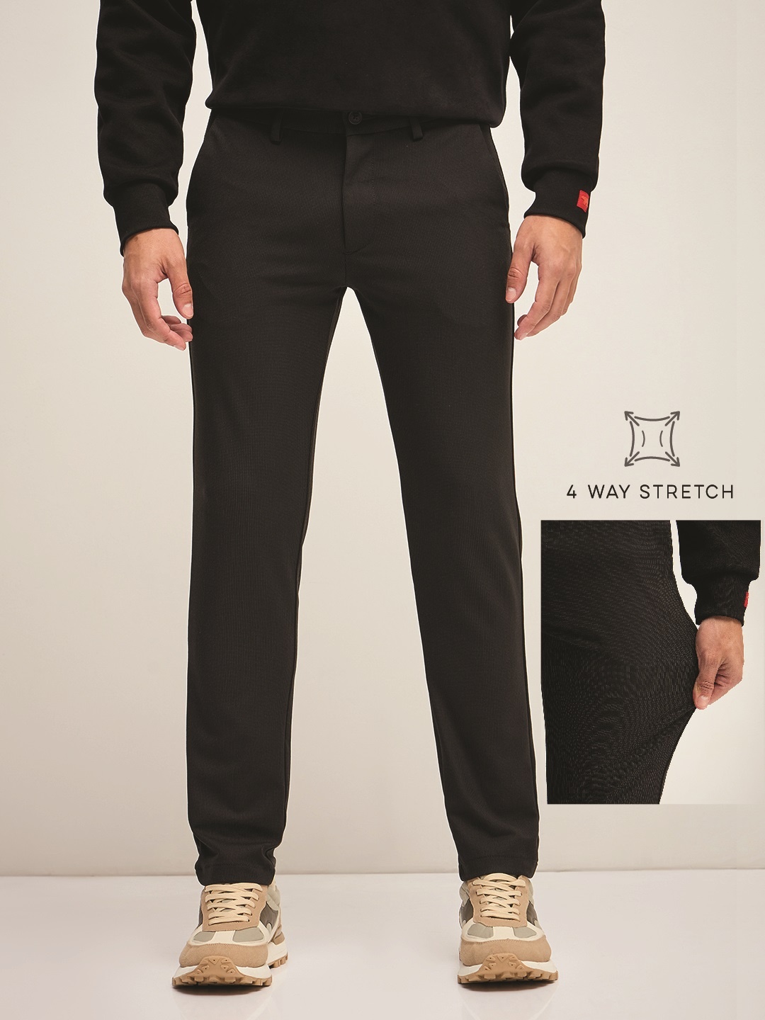 

THE BEAR HOUSE Men Solid 4 Way Stretch Formal Trouser, Black