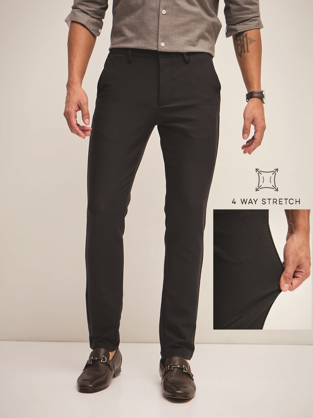 

THE BEAR HOUSE Men Solid 4 Way Stretch Formal Trouser, Black