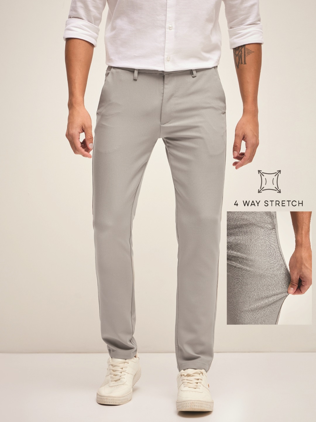 

THE BEAR HOUSE Men Solid 4 Way Stretch Formal Trouser, Grey