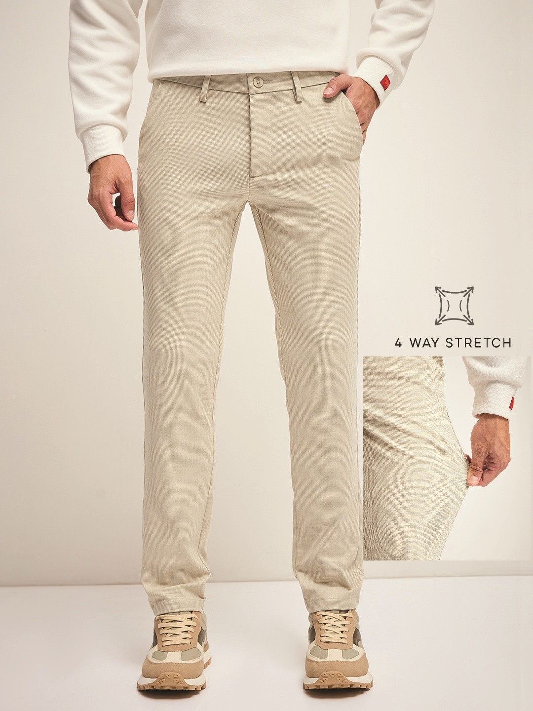 

THE BEAR HOUSE Men Checked 4 Way Stretch Formal Trouser, Beige
