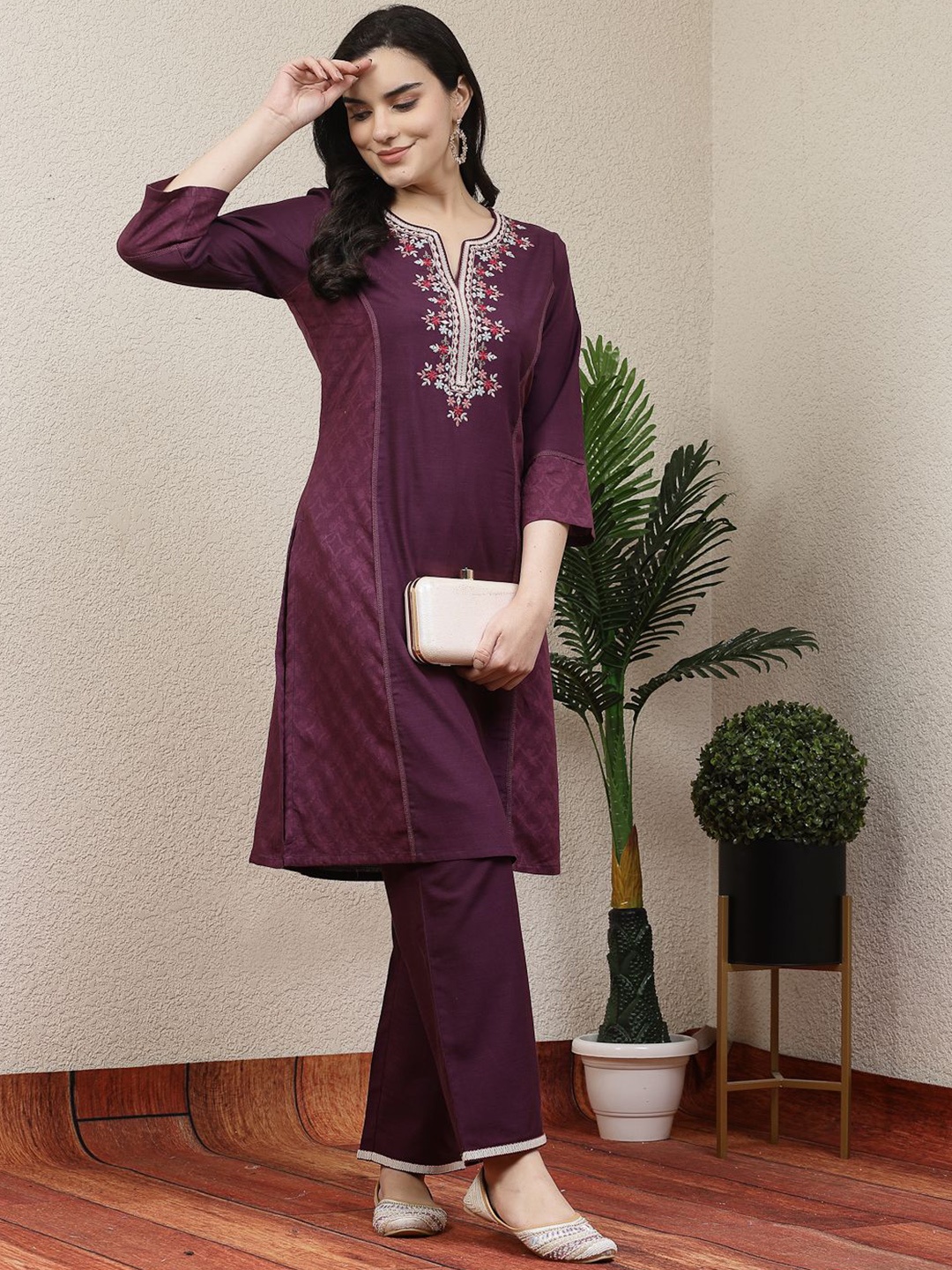 Nayam By Lakshita Floral Embroidered Mirror Work Kurta with Palazzos, Purple
