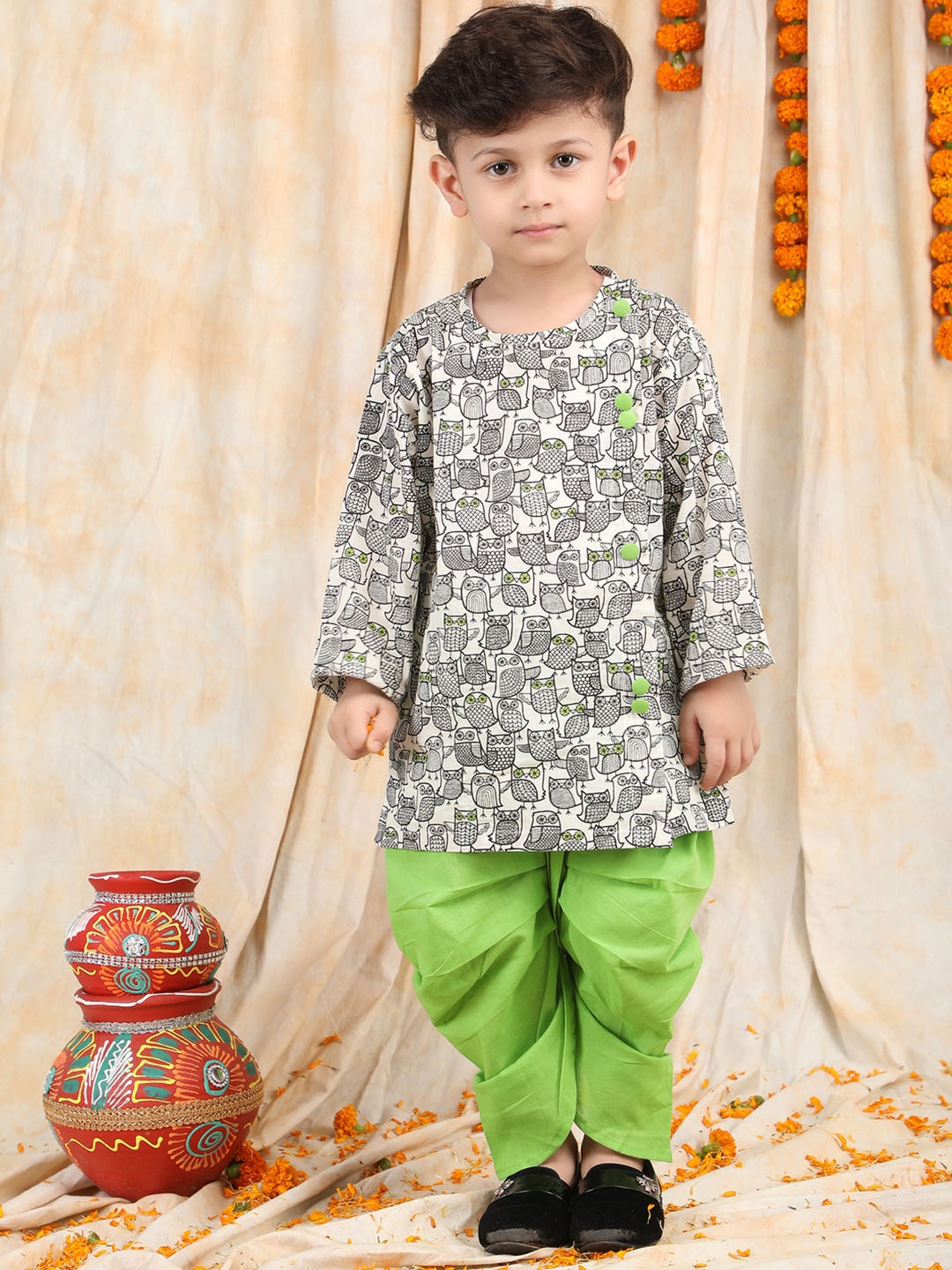 

Polka Tots Boys Printed Pure Cotton Straight Kurta with Dhoti Pants, White