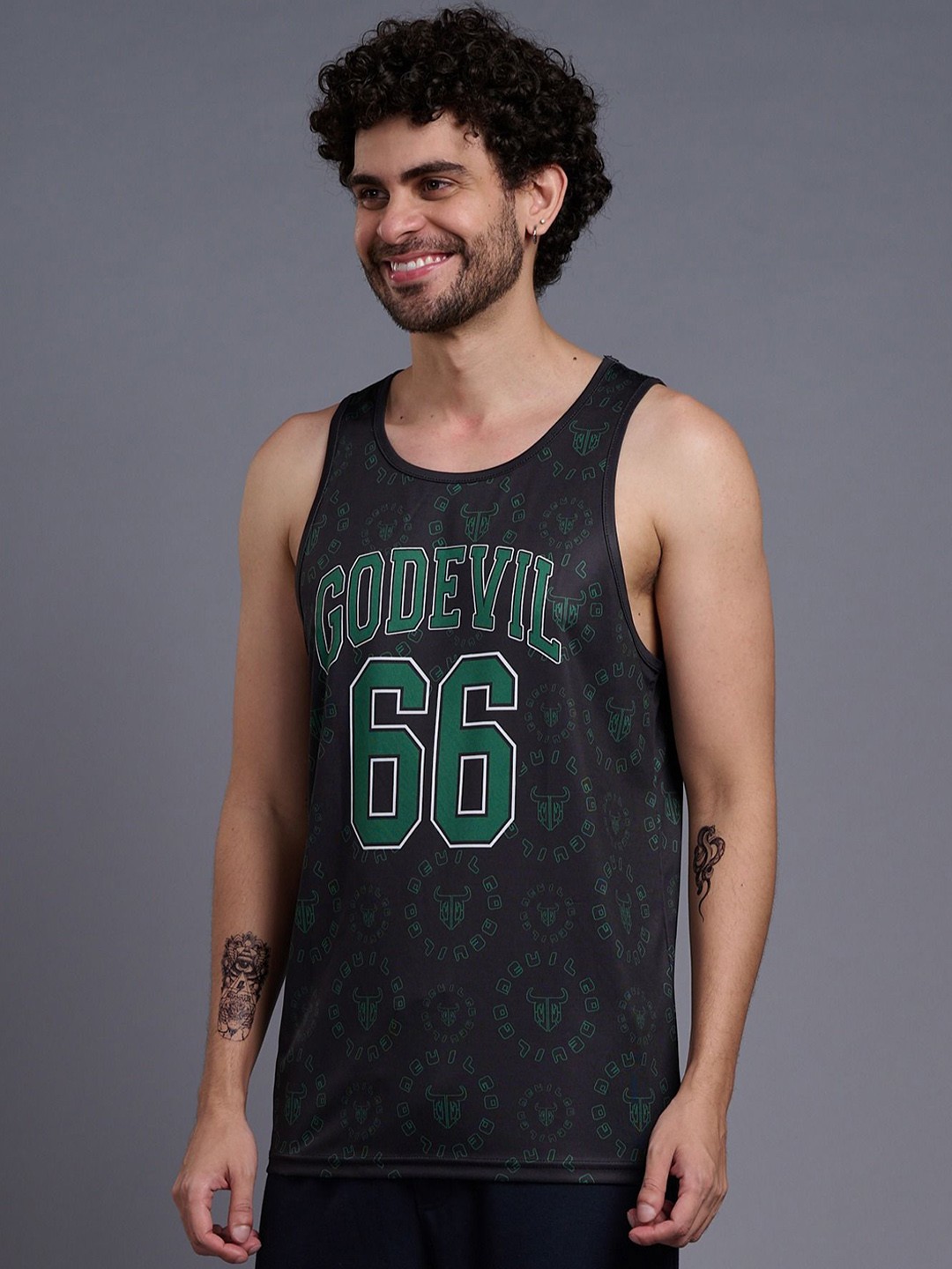 

GO DEVIL Printed Cotton Innerwear Vests, Black