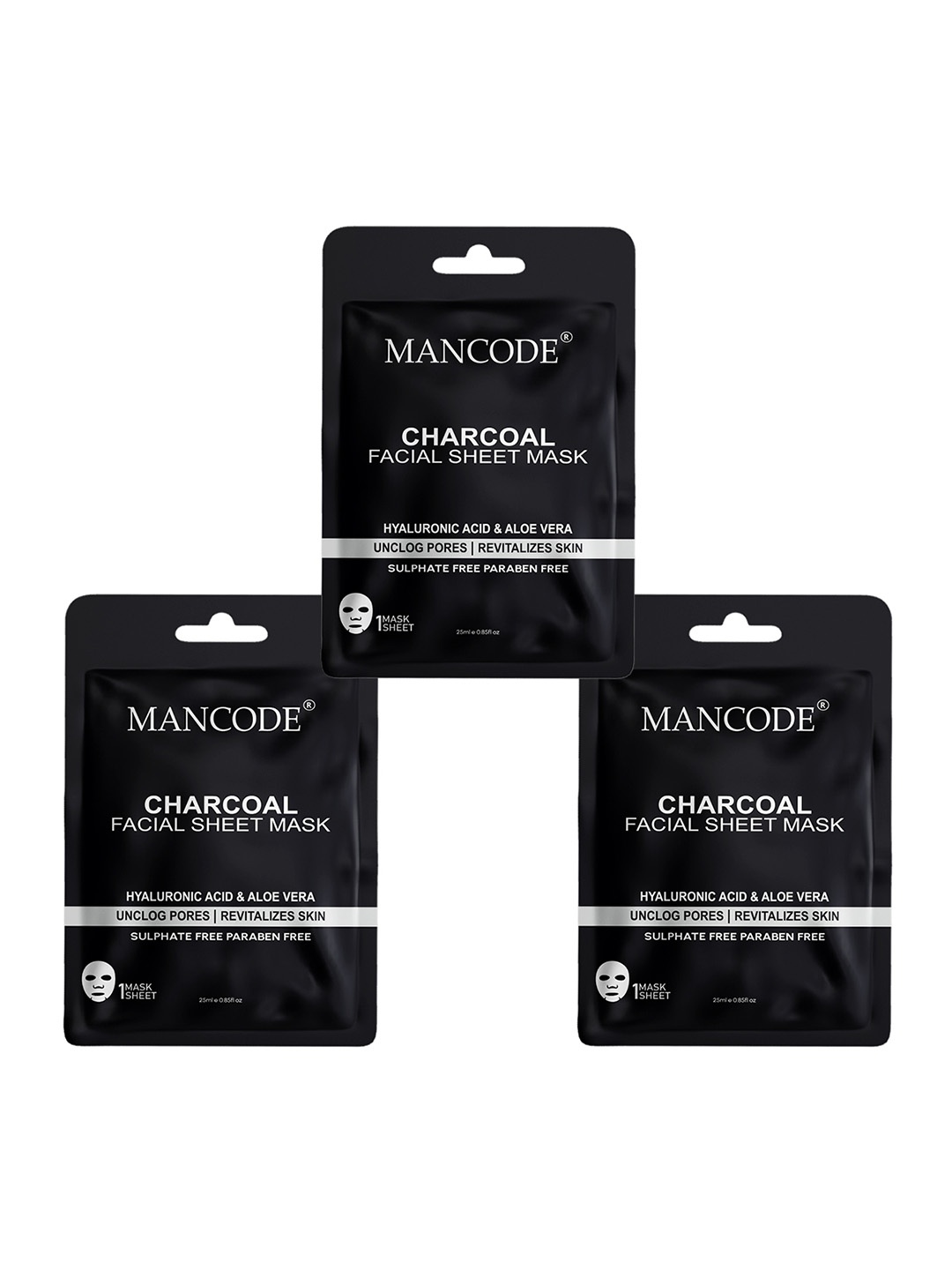 

MANCODE Set Of 3 Charcoal Facial Sheet Mask-25ml Each, Black