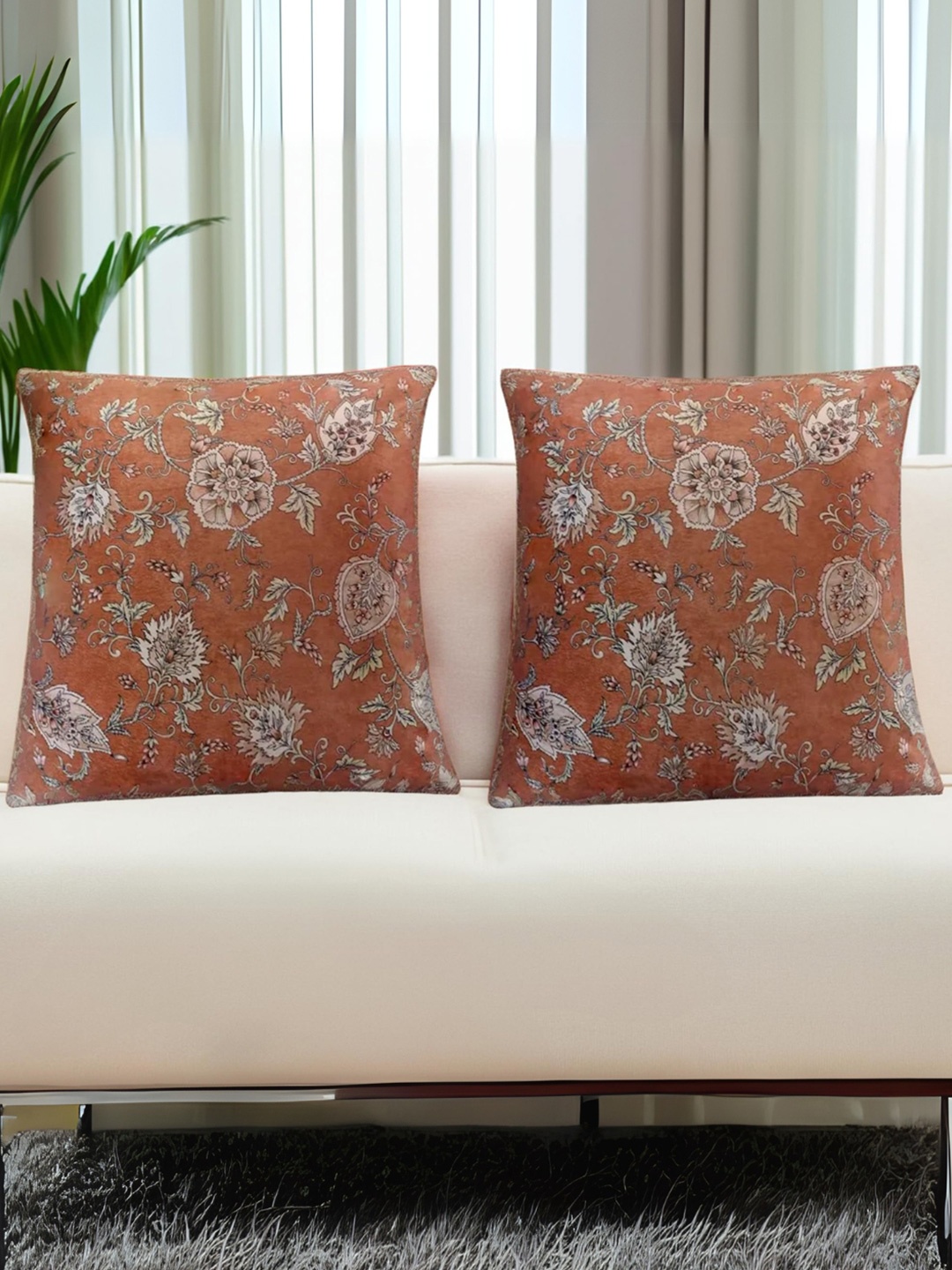 

Decoghar Brown 2 Pieces Floral Printed Velvet Square Cushion Covers