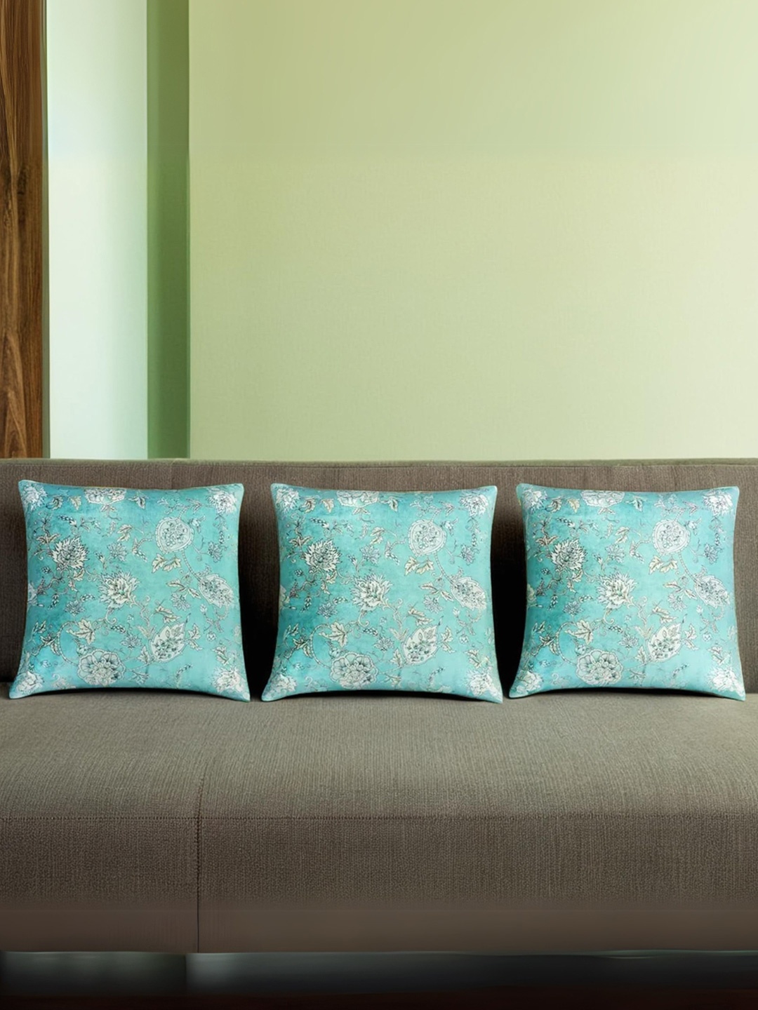 

Decoghar Mint Green 3 Pieces Printed Square Cushion Cover, Blue