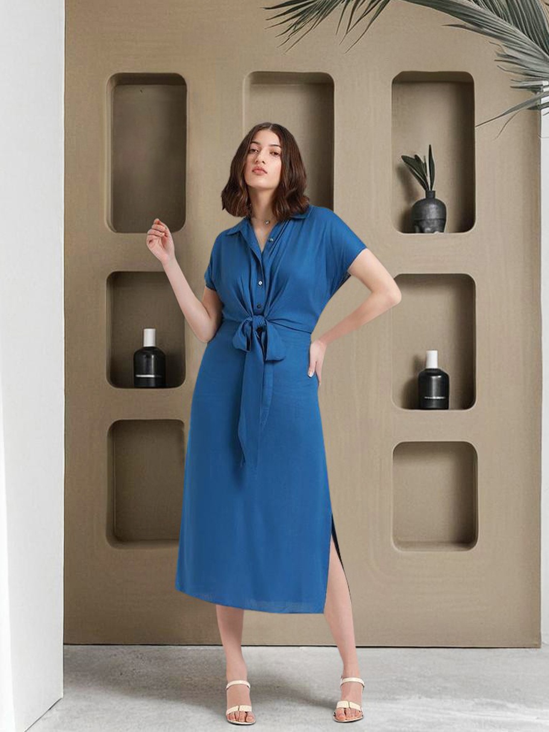 

DL Woman Shirt Collar Belted Shirt Midi Dress, Blue