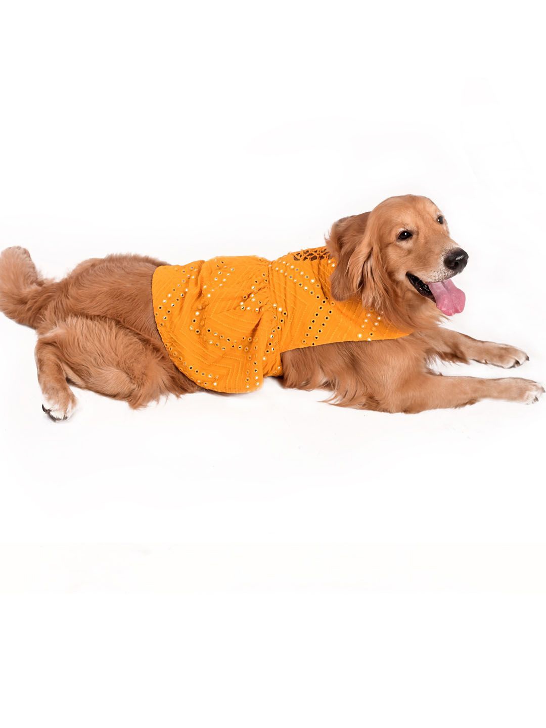 VASTRAMAY Mirror Work Embroidered Silk Dog Dress, Yellow
