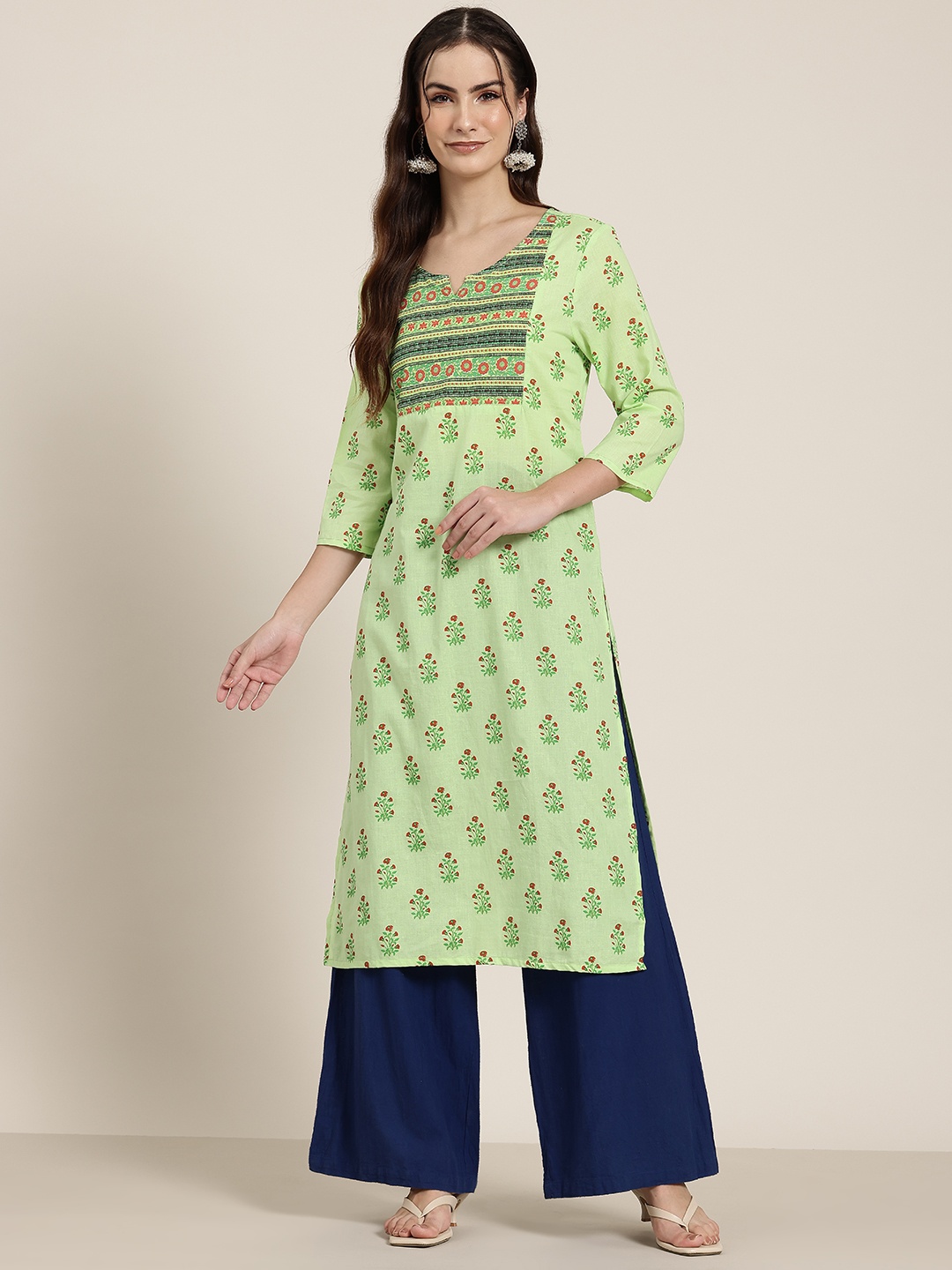 

HERE&NOW Floral Printed Pure Cotton Kurta, Green