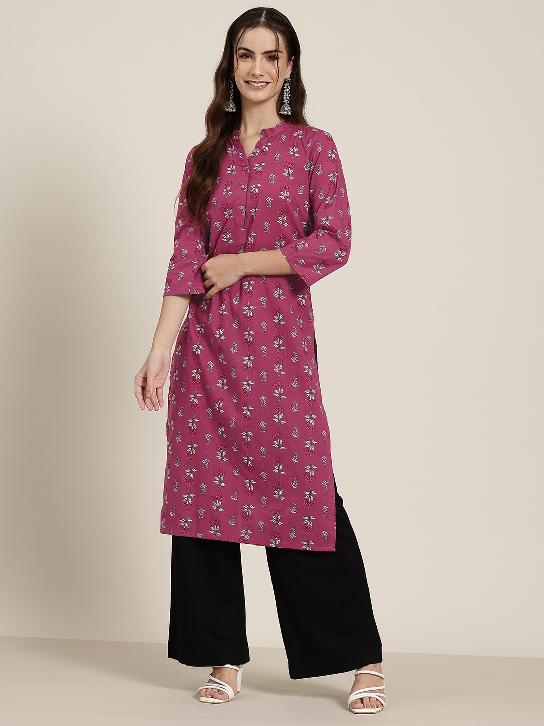 

HERE&NOW Floral Printed Mandarin Collar Pure Cotton Kurta, Pink