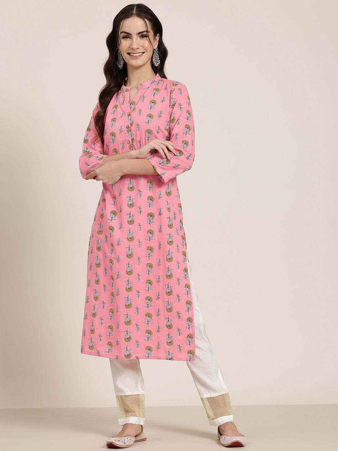 

HERE&NOW Floral Printed Mandarin Collar Pure Cotton Kurta, Peach
