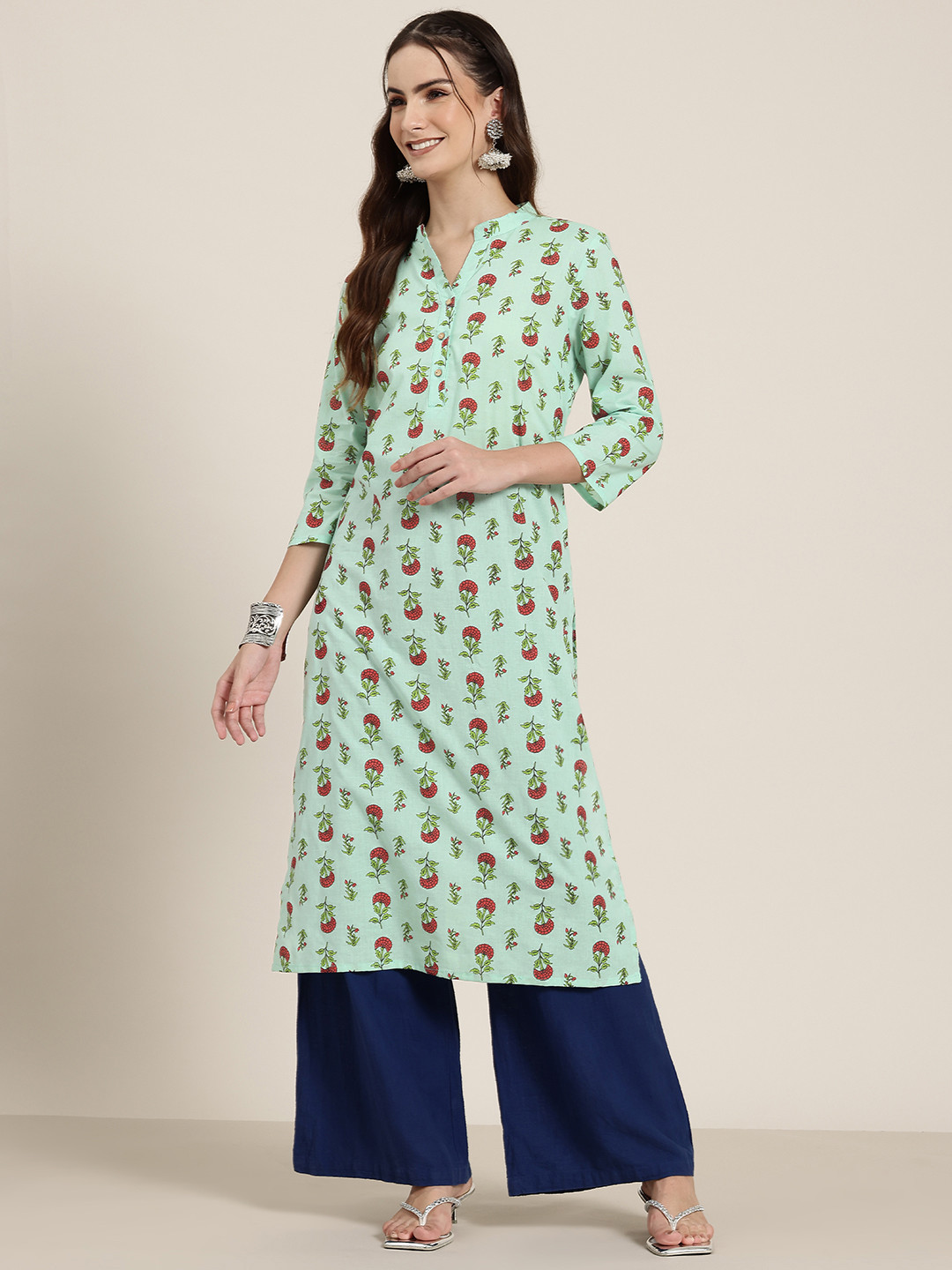 

HERE&NOW Floral Printed Mandarin Collar Pure Cotton Kurta, Sea green