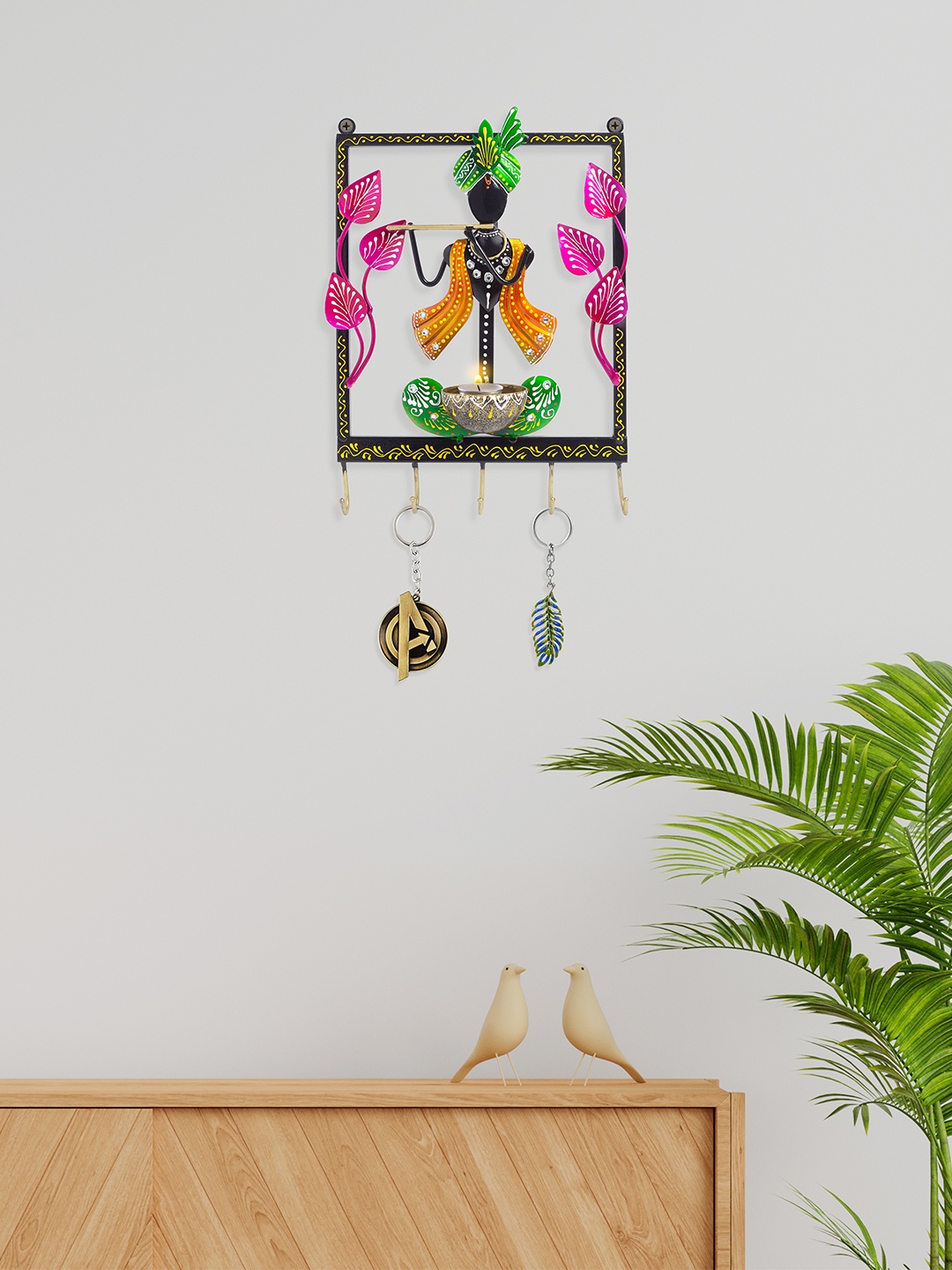 

Golden Peacock Green & Pink Shri Krishna Printed Wall Hanging