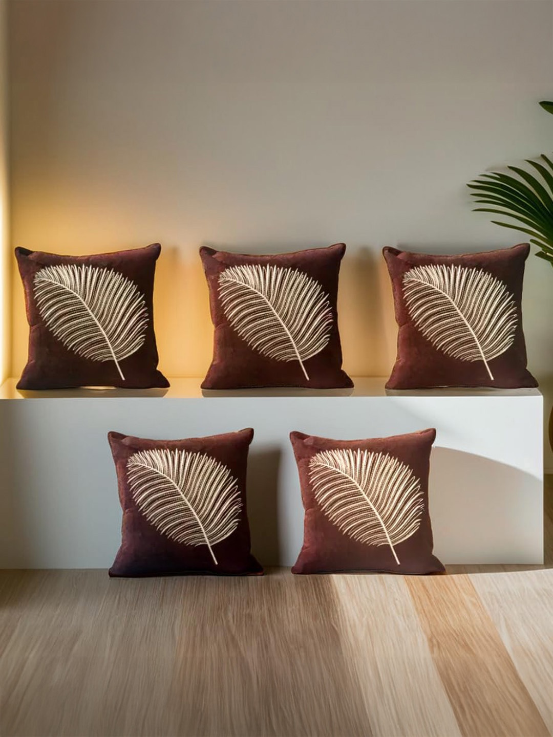 

Decoghar Brown Zari Leaf Embroidered 5 Piece Square Cushion Covers