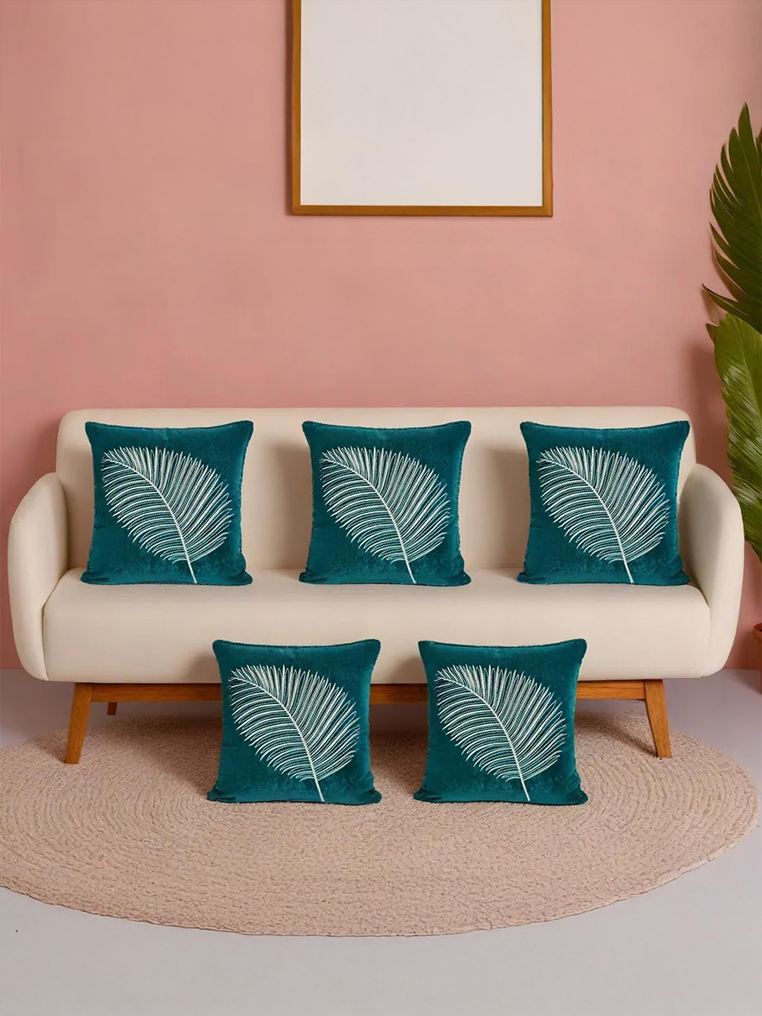 

Decoghar Turquoise 5 Pieces Zari Leaf Embroidered Square Cushion Covers, Blue