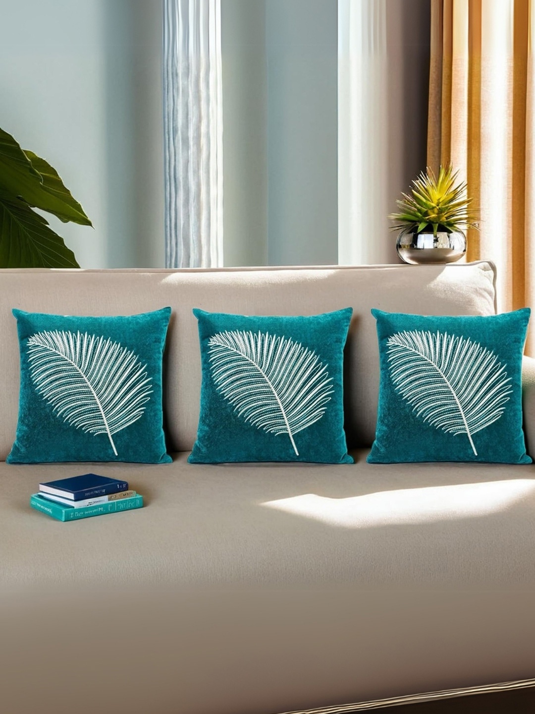 

Decoghar Turquoise Zari Embroidered 3 Pieces Square Cushion Covers, Blue