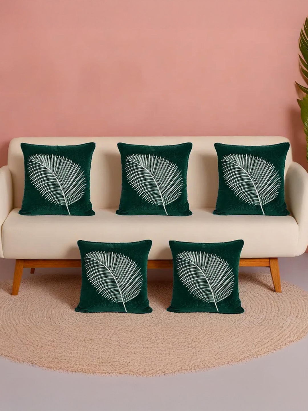 

Decoghar Green Zari Leaf Embroidered 5 Pieces Square Cushion Covers