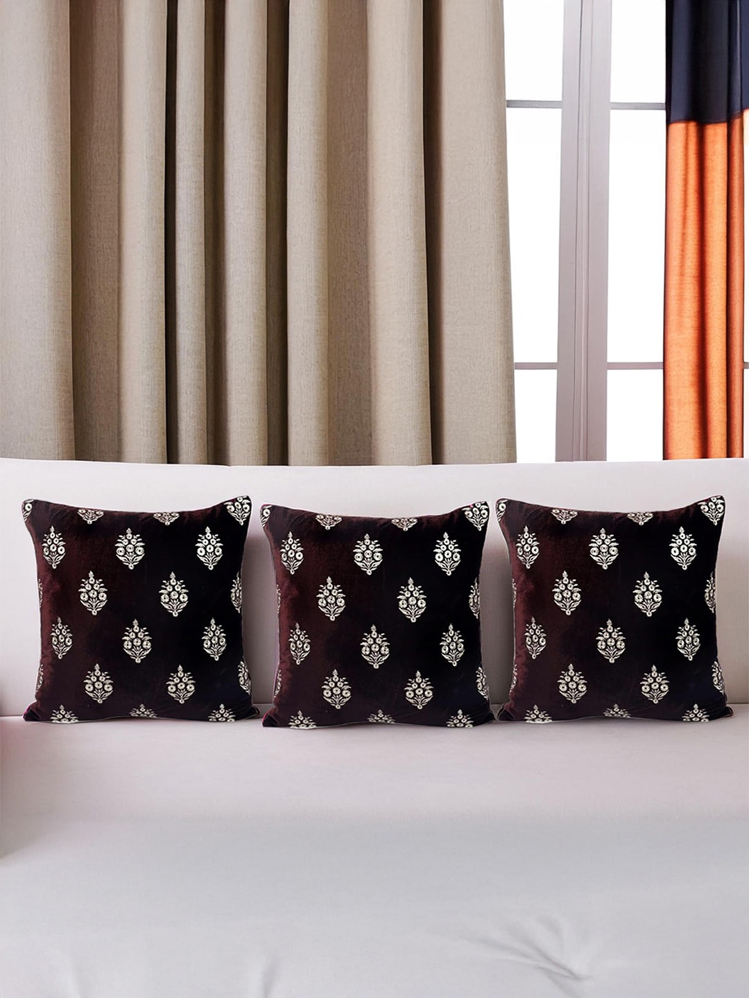 

Decoghar Brown Floral Embroidered 3 Pieces Square Cushion Cover, Maroon