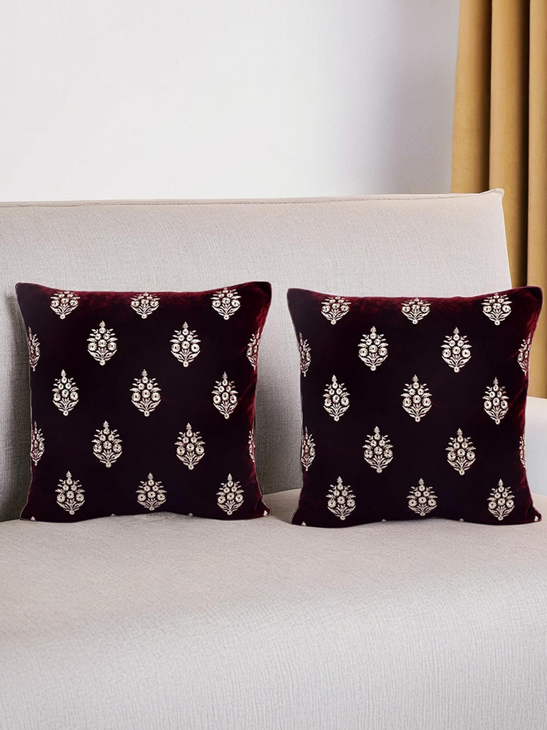 

Decoghar Wine Ethnic Embroidered 2 Pieces Square Cushion Covers, Maroon