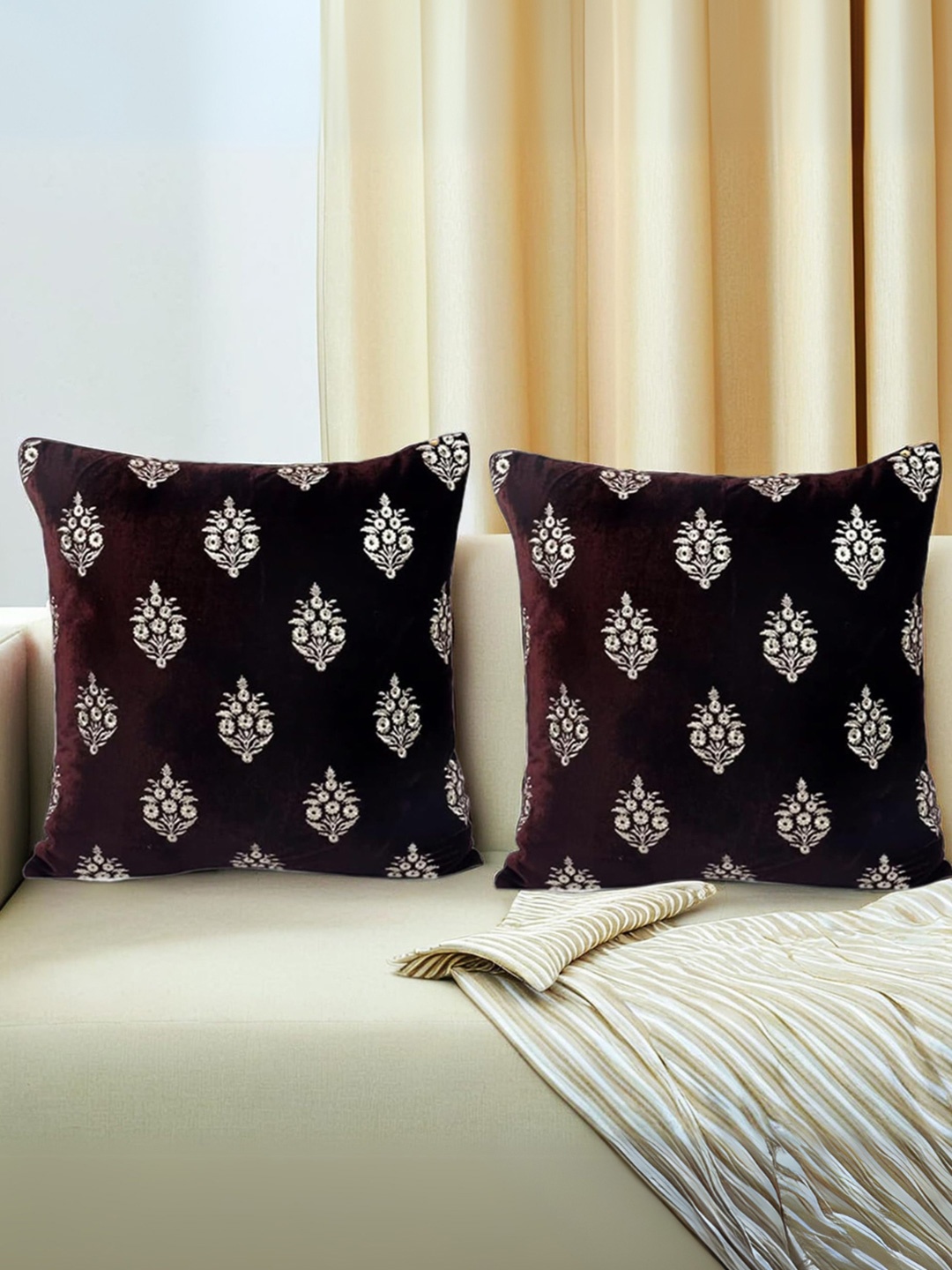 

Decoghar Blue Ethnic Embroidered 2 Pieces Square Cushion Covers, Brown