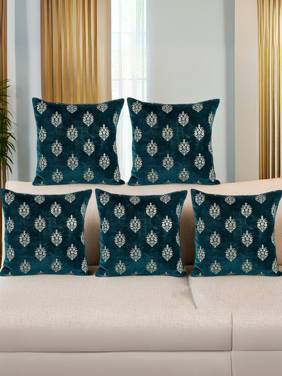 

Decoghar Turquoise Ethnic Embroidered 5 Pieces Square Cushion Covers, Green