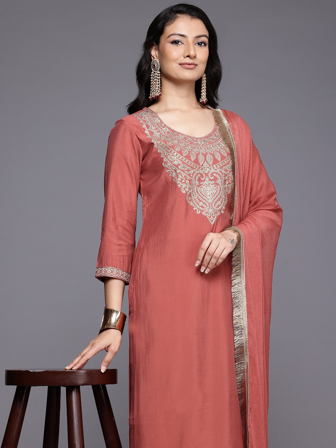 

Varanga Ethnic Motifs Yoke Design Zari Kurta With Palazzos & Dupatta, Rust