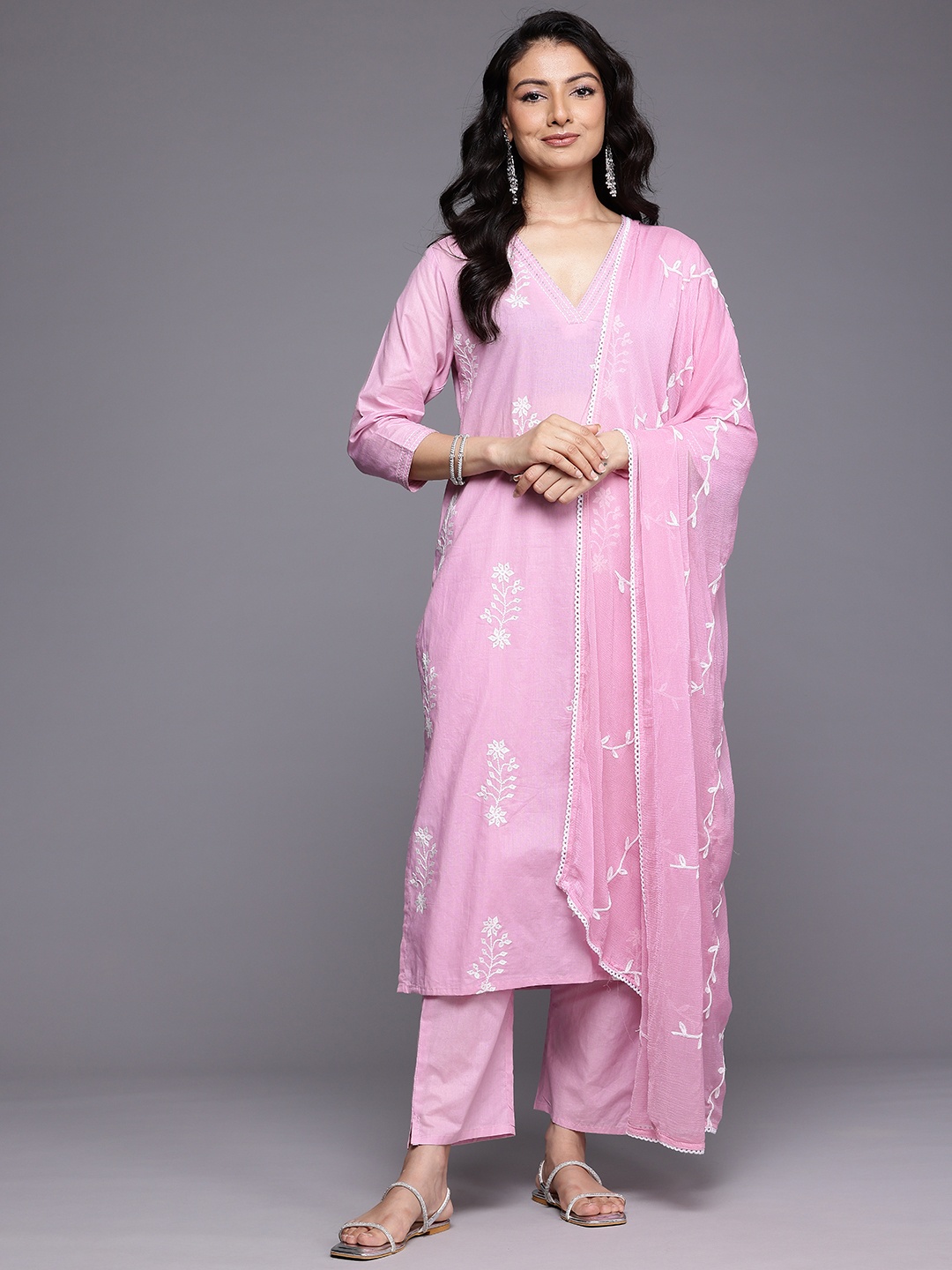 

Varanga Floral Embroidered Thread Work Pure Cotton Kurta With Trousers & Dupatta, Pink