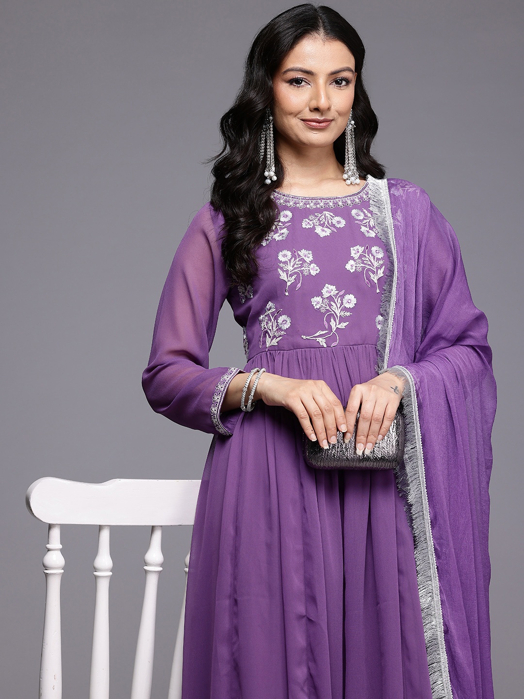 

Varanga Floral Embroidered Zari Georgette Anarkali Kurta With Dupatta, Purple