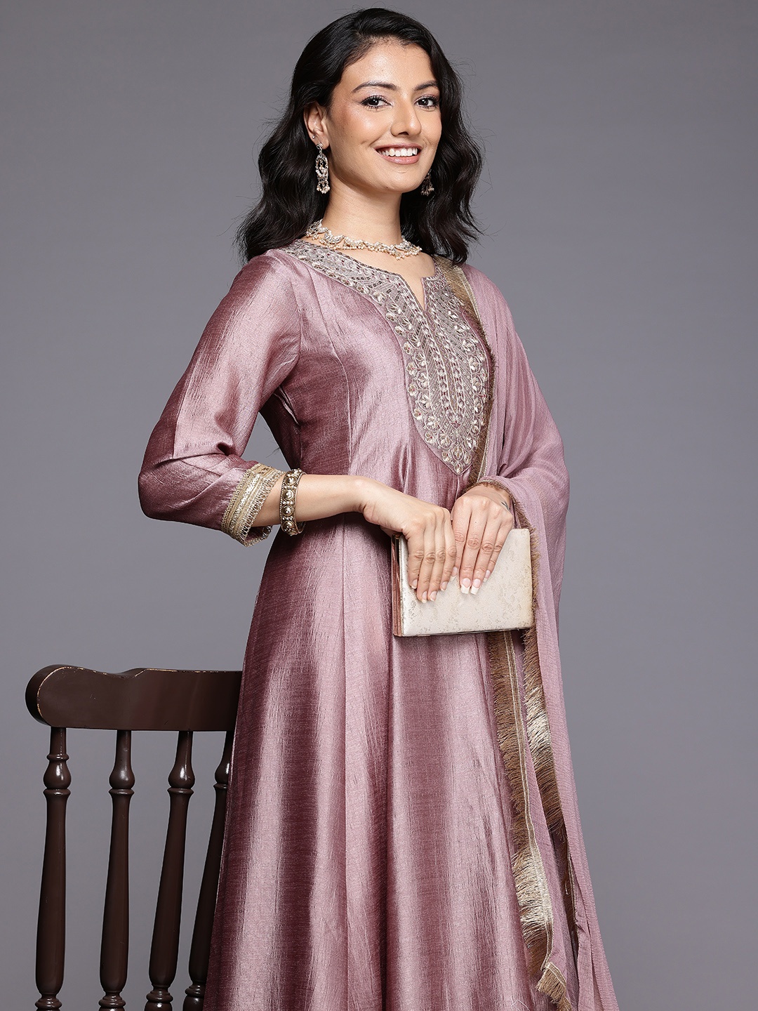 

Varanga Ethnic Motifs Embroidered Zari Pleated Kurta With Trousers & Dupatta, Mauve