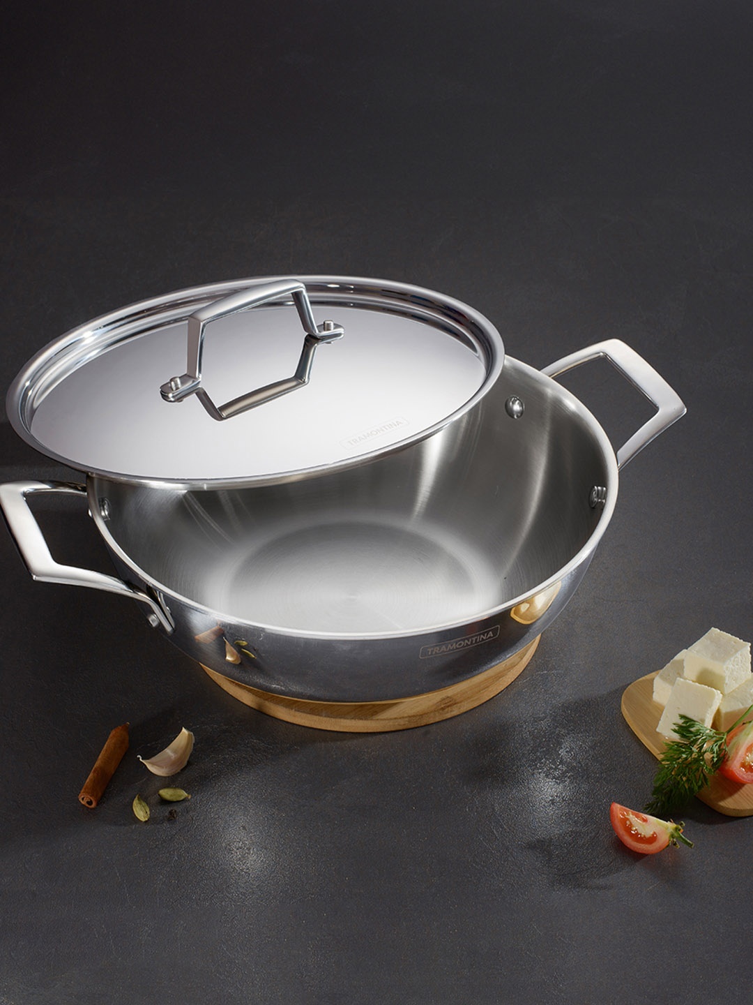 

Tramontina Aeion Non Toxic Stainless Steel Triply Induction Base Kadai with lid 26cm, Silver