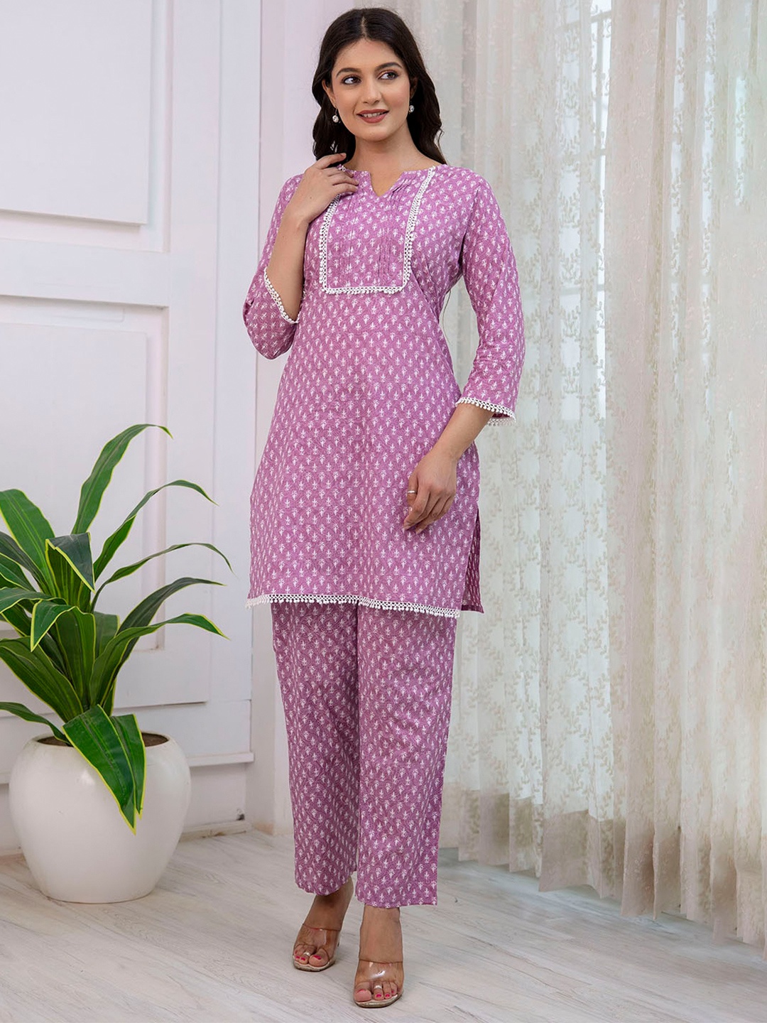

KALINI Floral Printed Pure Cotton Tunic With Trousers, Purple