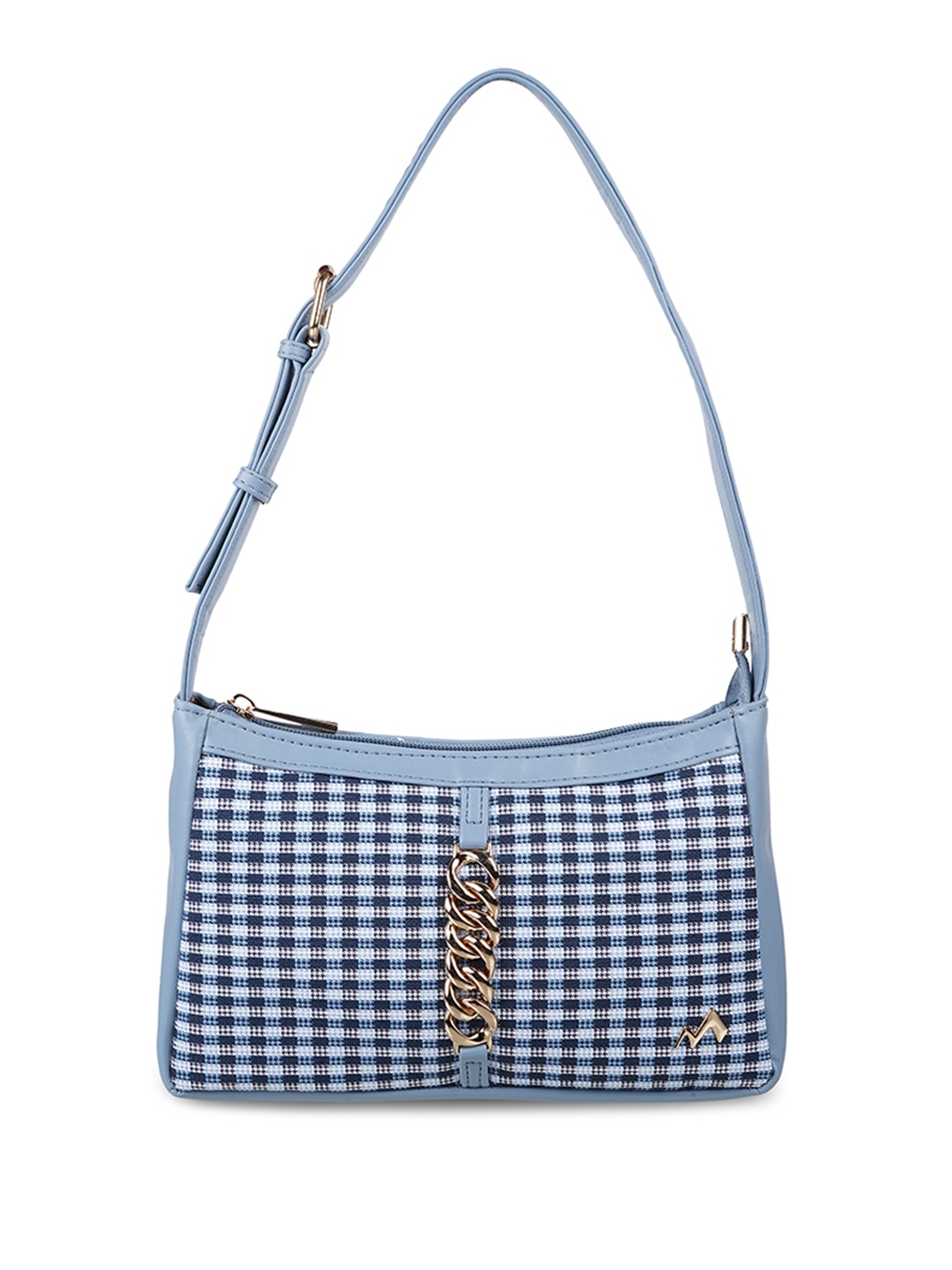 Metro Checked Printed PU Oversized Structured Shoulder Bag with Fringed, Blue