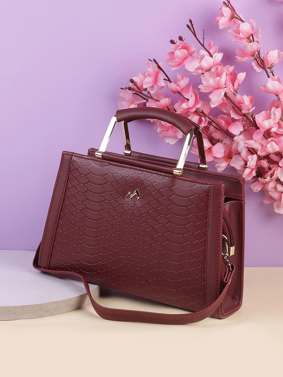 Metro Textured Shopper Tote Bag with Cut Work, Maroon