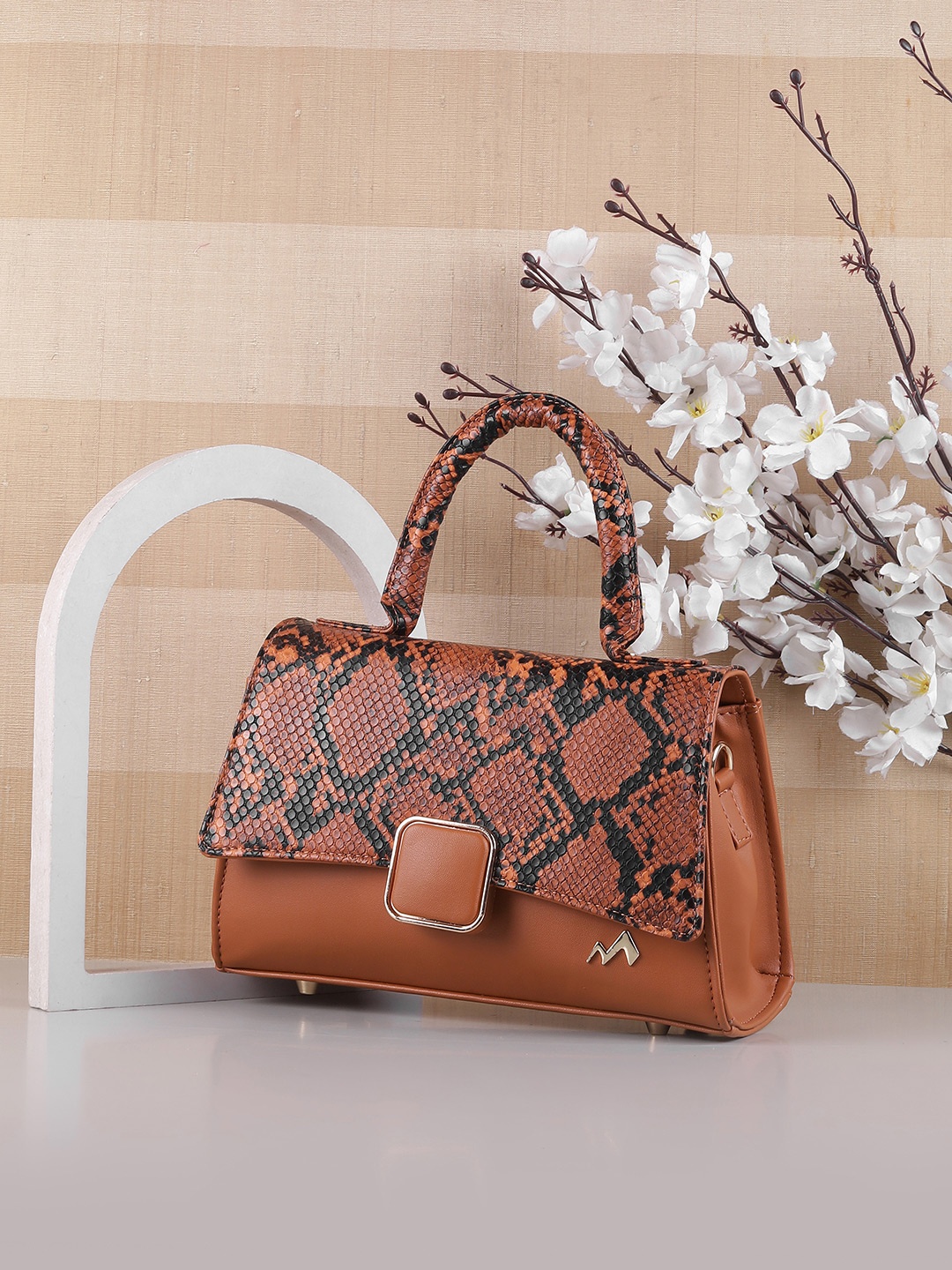 

Metro Animal Textured PU Structured Handheld Bag with Cut Work, Tan